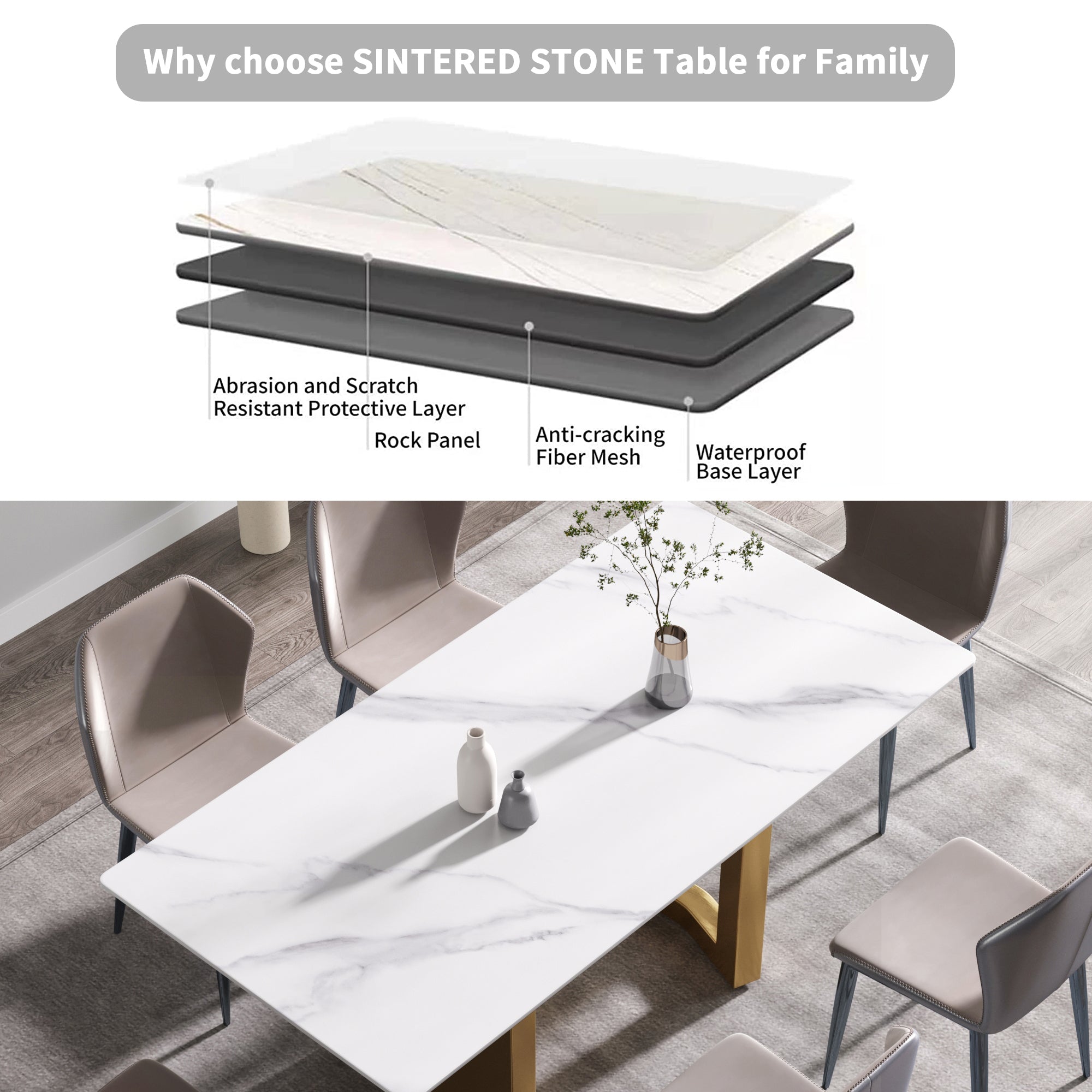 70.87" modern artificial stone white straight edge golden metal leg dining table-can accommodate 6-8 people