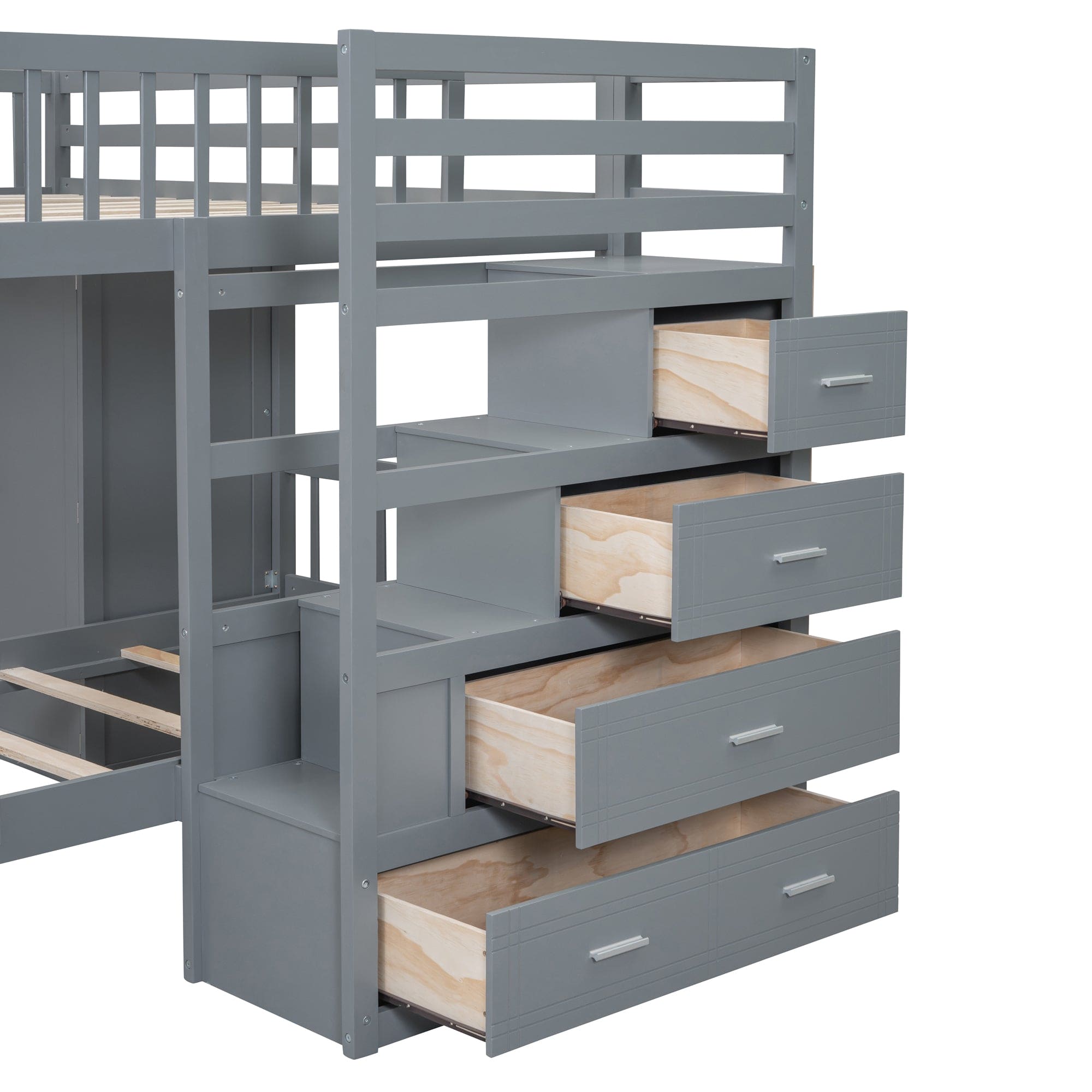 Full Over Twin Bunk Bed with Wardrobe, Drawers, Gray