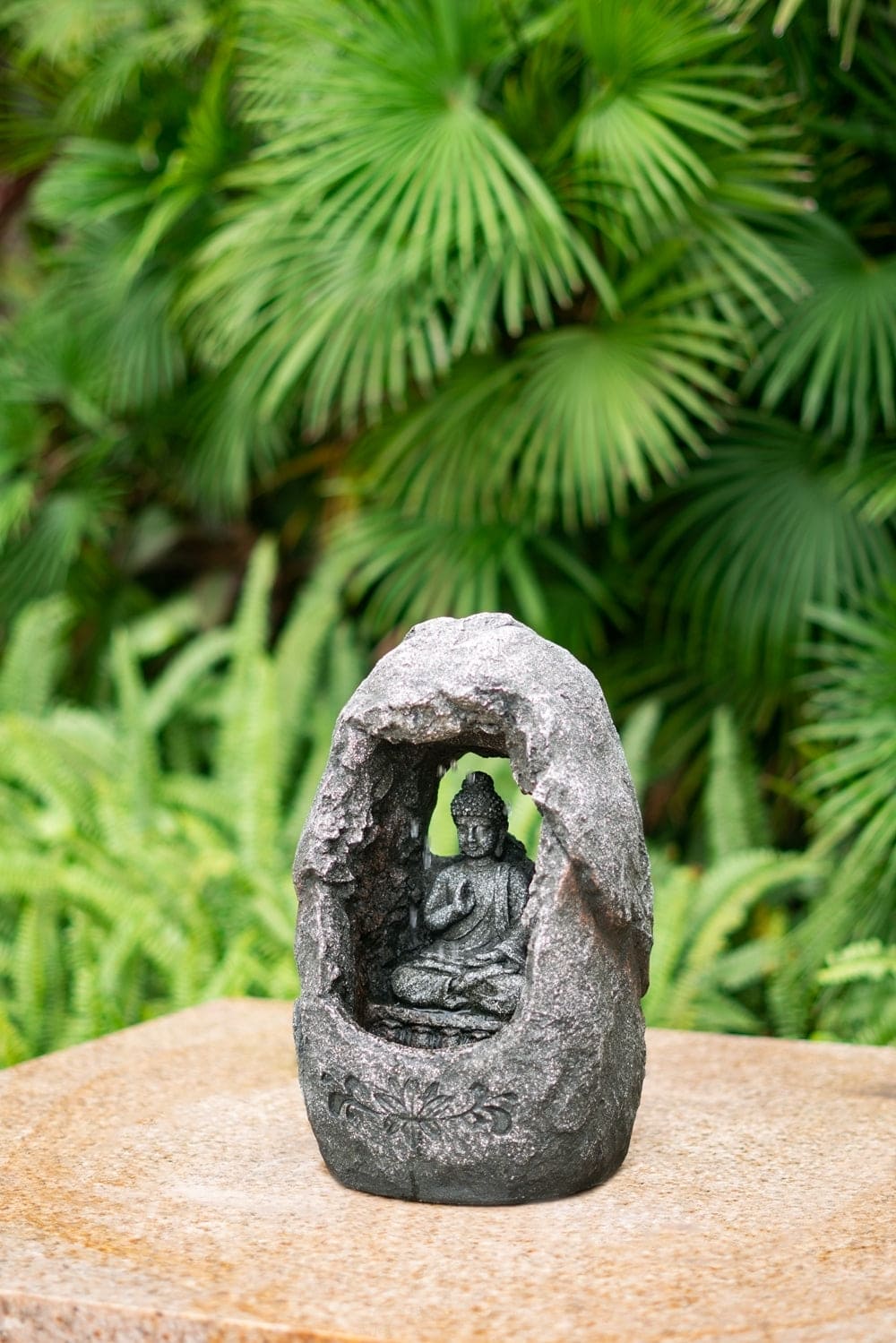 8.3x5.9x13.6" Decorative Gray Tabletop Water Fountain with Sitting Buddha and LED Light, for Indoor Outdoor