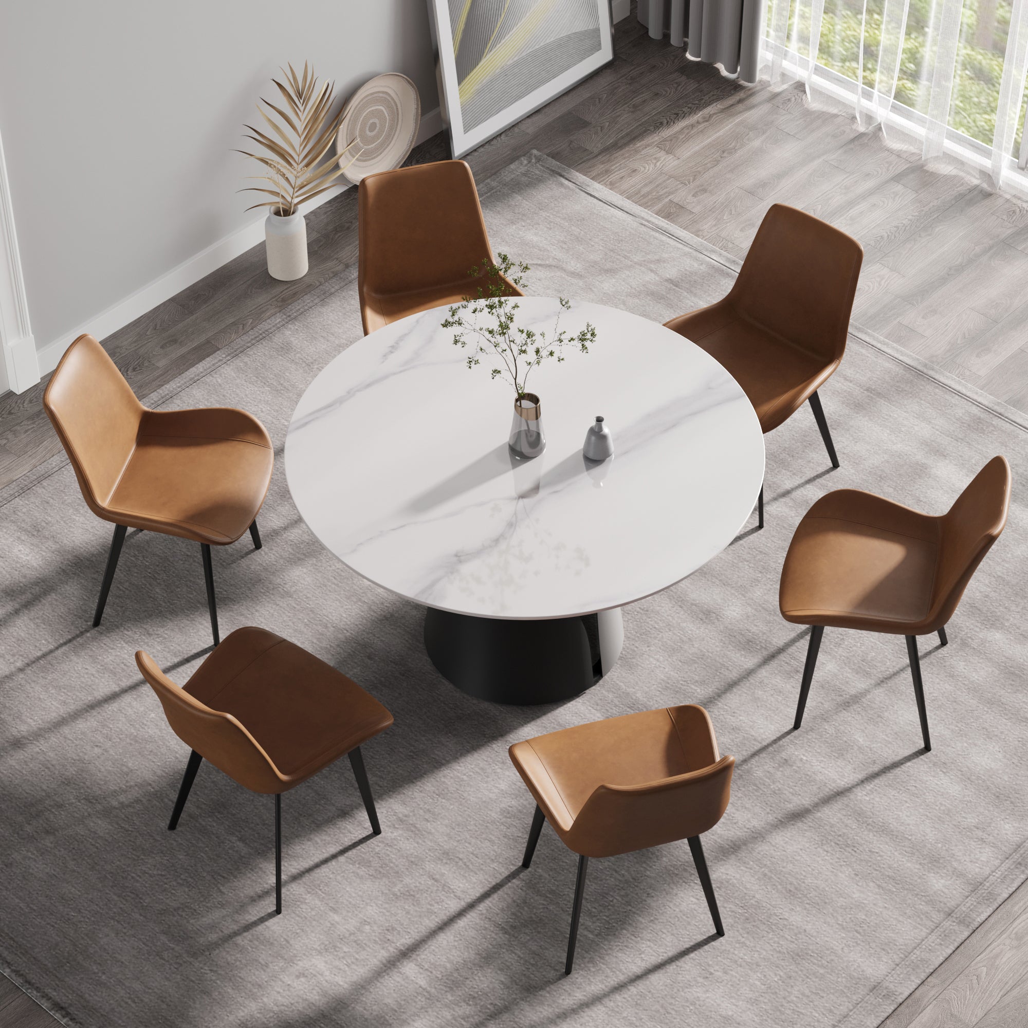 53.15"Modern artificial stone round black carbon steel base dining table-can accommodate 6 people