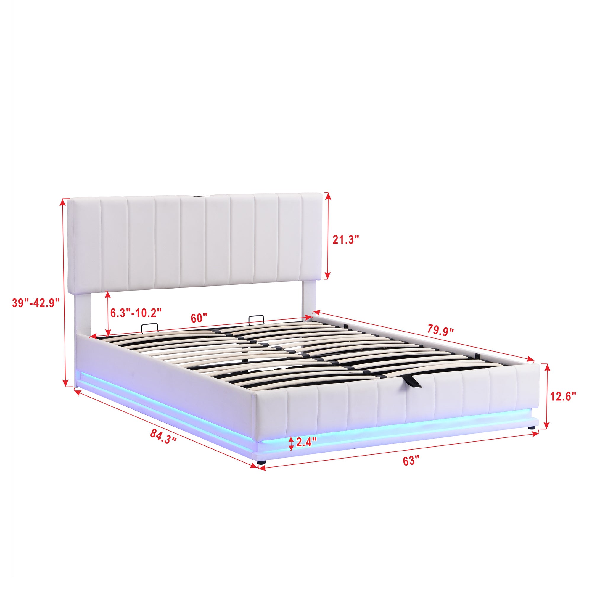 Queen Size Upholstered Bed with Hydraulic Storage System and LED Light, Modern Platform Bed with Sockets and USB Ports, White