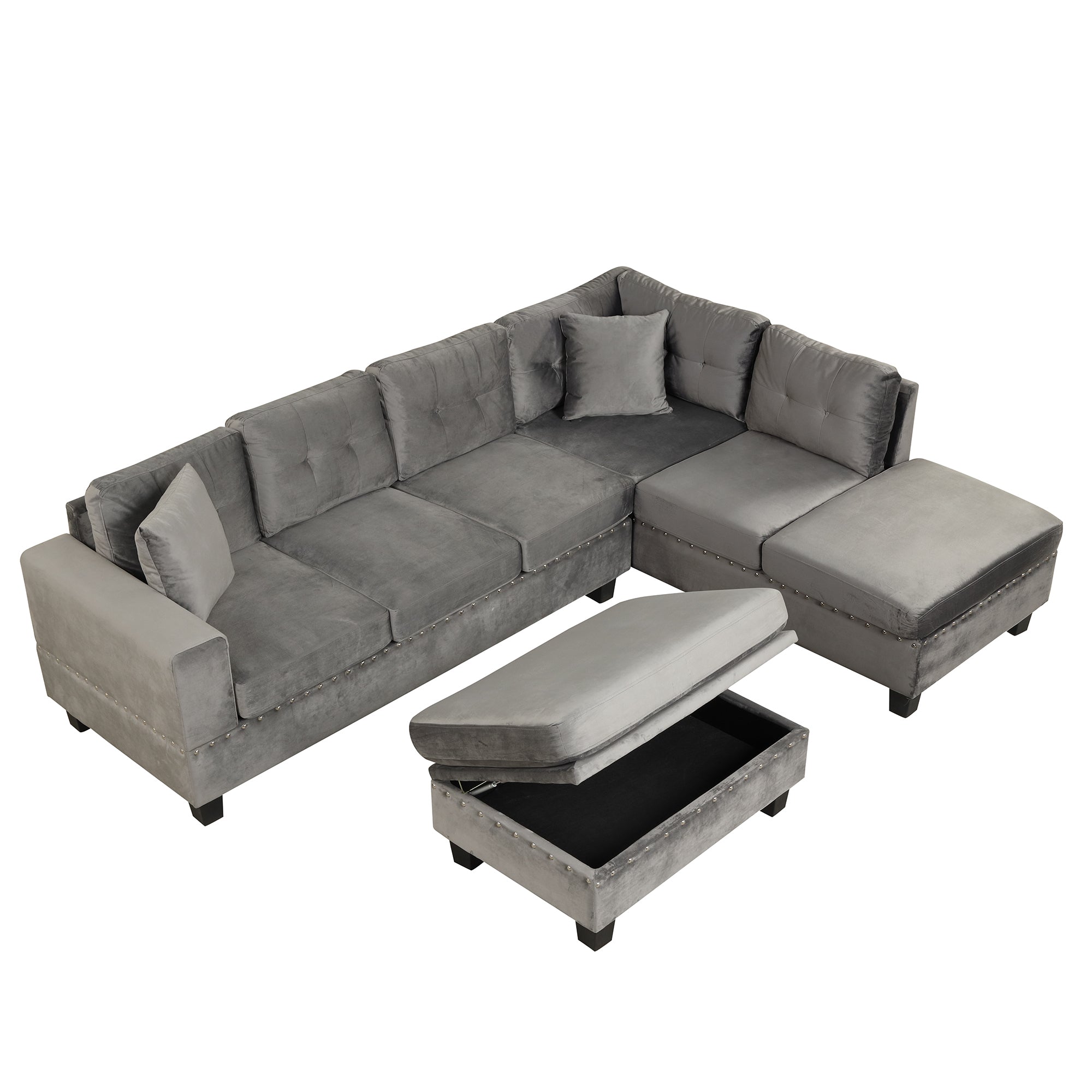 104.5" Modern Sectional Sofa with Storage Ottoman, L-Shape Couch with 2 Pillows and Cup Holder,Sectional Sofa with Reversible Chaise for Living Room,Gray