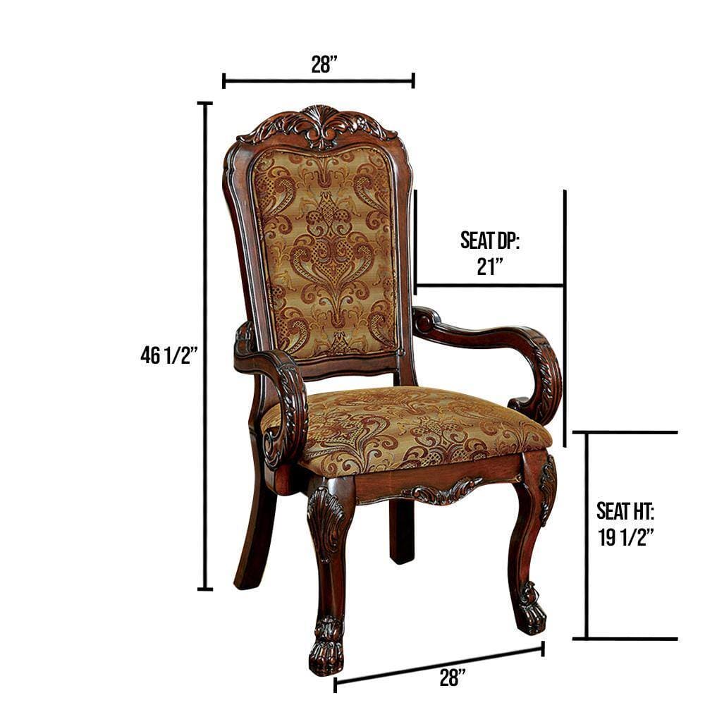 Formal Traditional Cherry Set of 2pc Arm Chairs Dining Room Brown Damask Print Fabric Solid wood Dining Chair