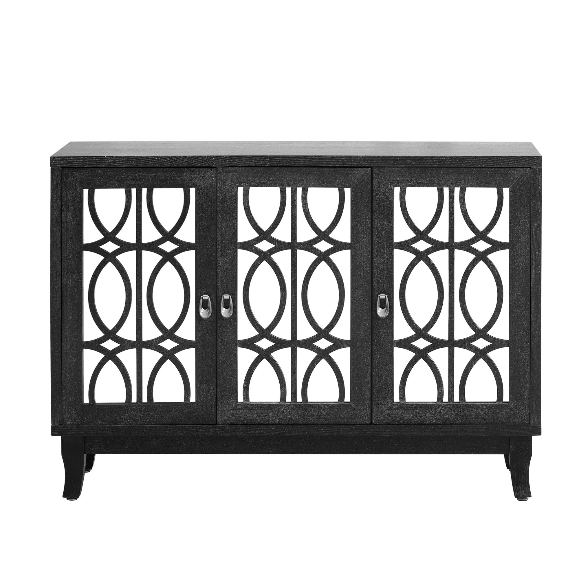 TREXM Sideboard with Glass Doors, 3 Door Mirrored Buffet Cabinet with Silver Handle for Living Room, Hallway, Dining Room (Black)