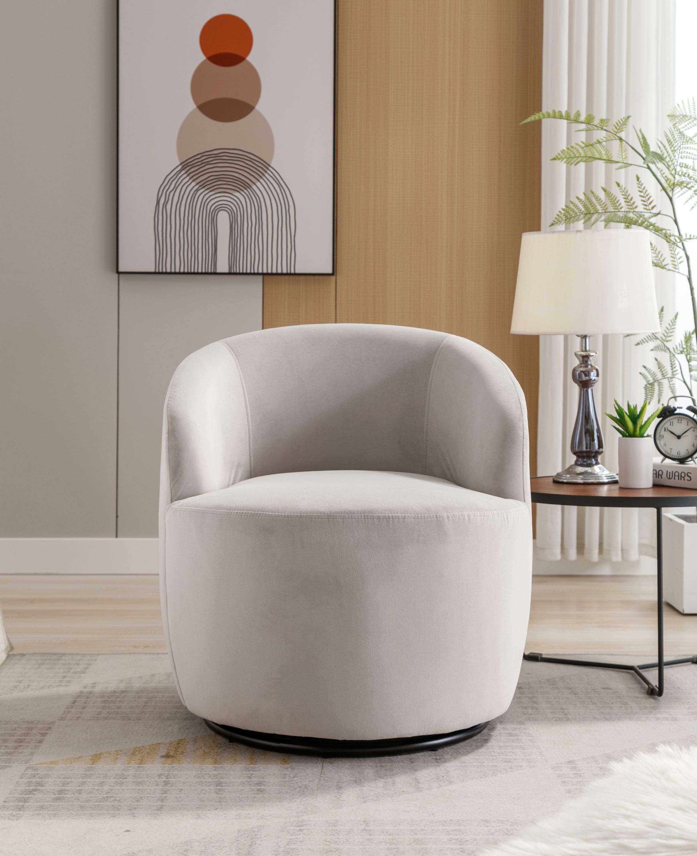 Velvet Fabric Swivel Accent Armchair Barrel Chair With Black Powder Coating Metal Ring,Gray