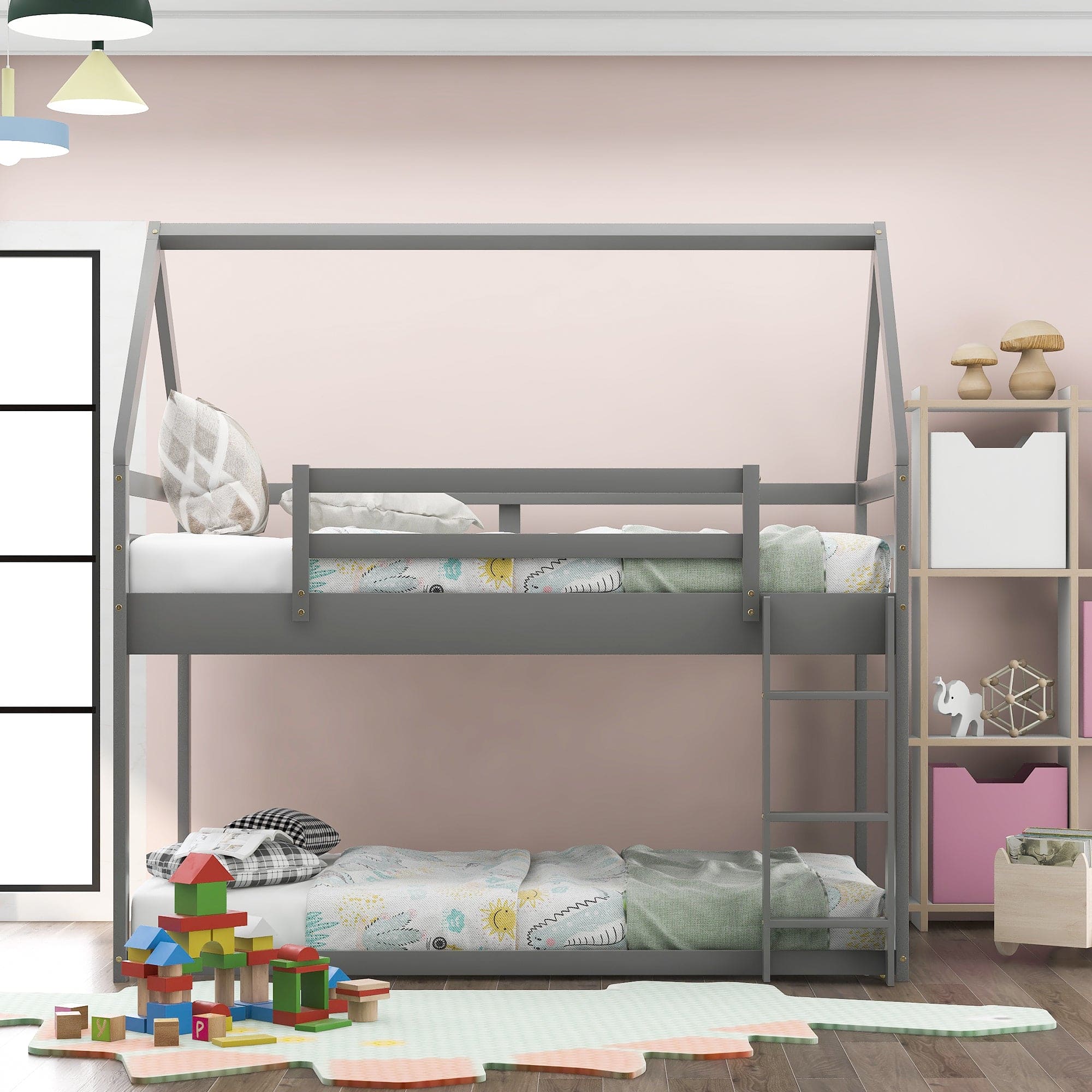 Twin over Twin Low Bunk Bed, House Bed with Ladder , Gray(OLD SKU:WF197808AAE)