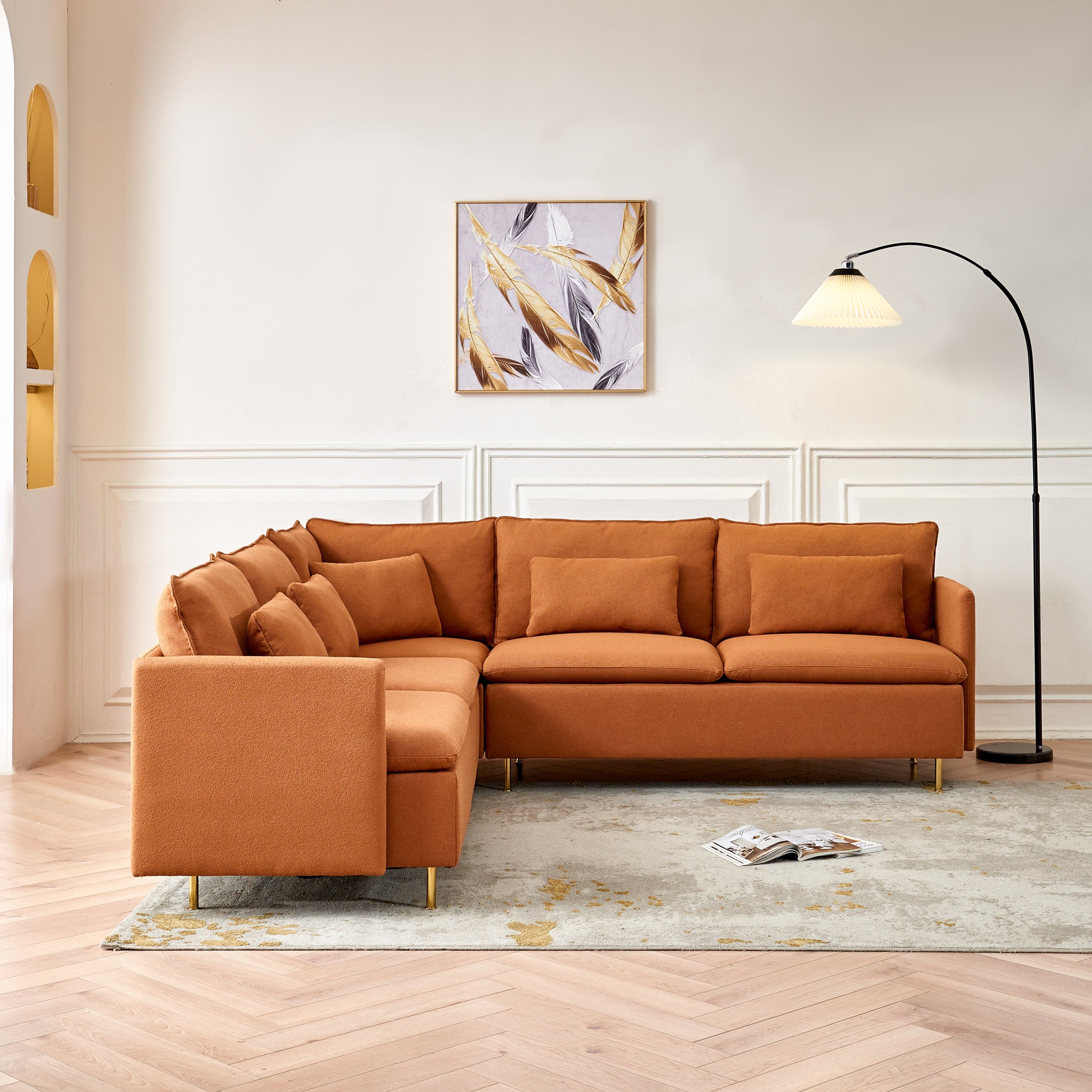 92"Teddy Fabric Sofa, Modern Corner Sectional Sofa with Support Pillow for Living room, Apartment & Office.(Orange)