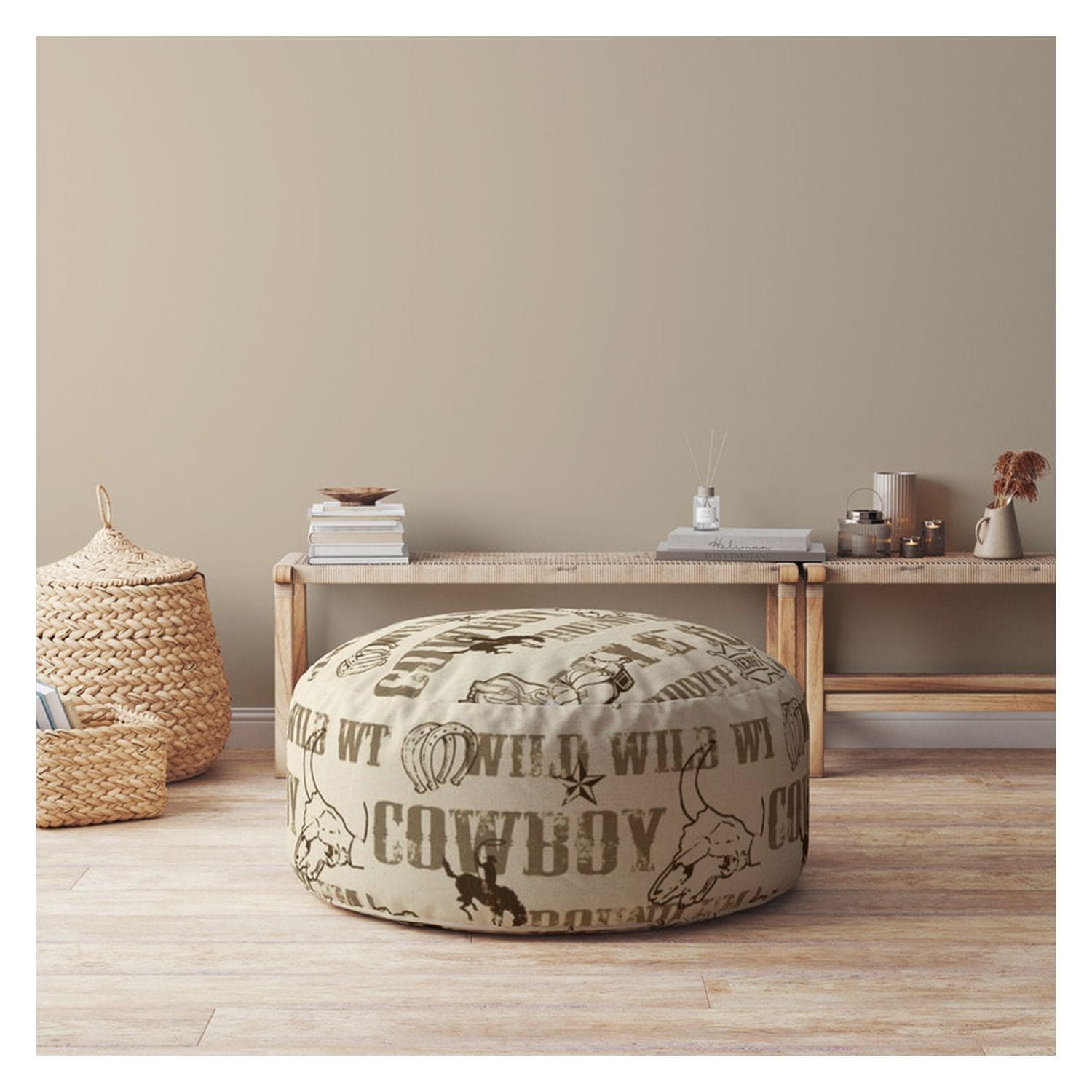 Indoor DILLON Dusty Brown Round Zipper Pouf - Stuffed - Extra Beads Included! - 24in dia x 20in tall