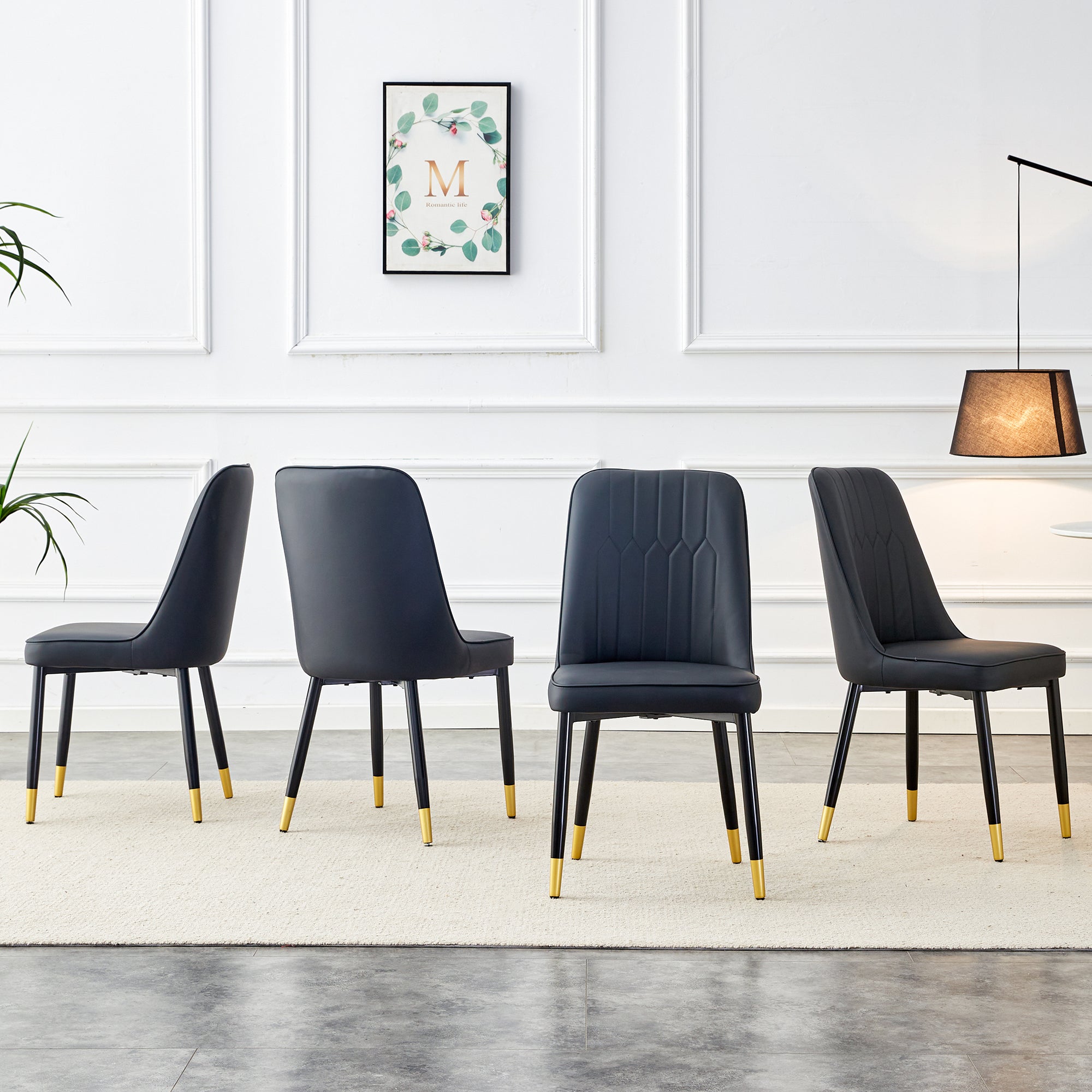 1 table and 4 black chairs. The table features a black imitation marble pattern desktop and black gold MDF legs. Pair with 4 black PU chairs. F-SQ C-007