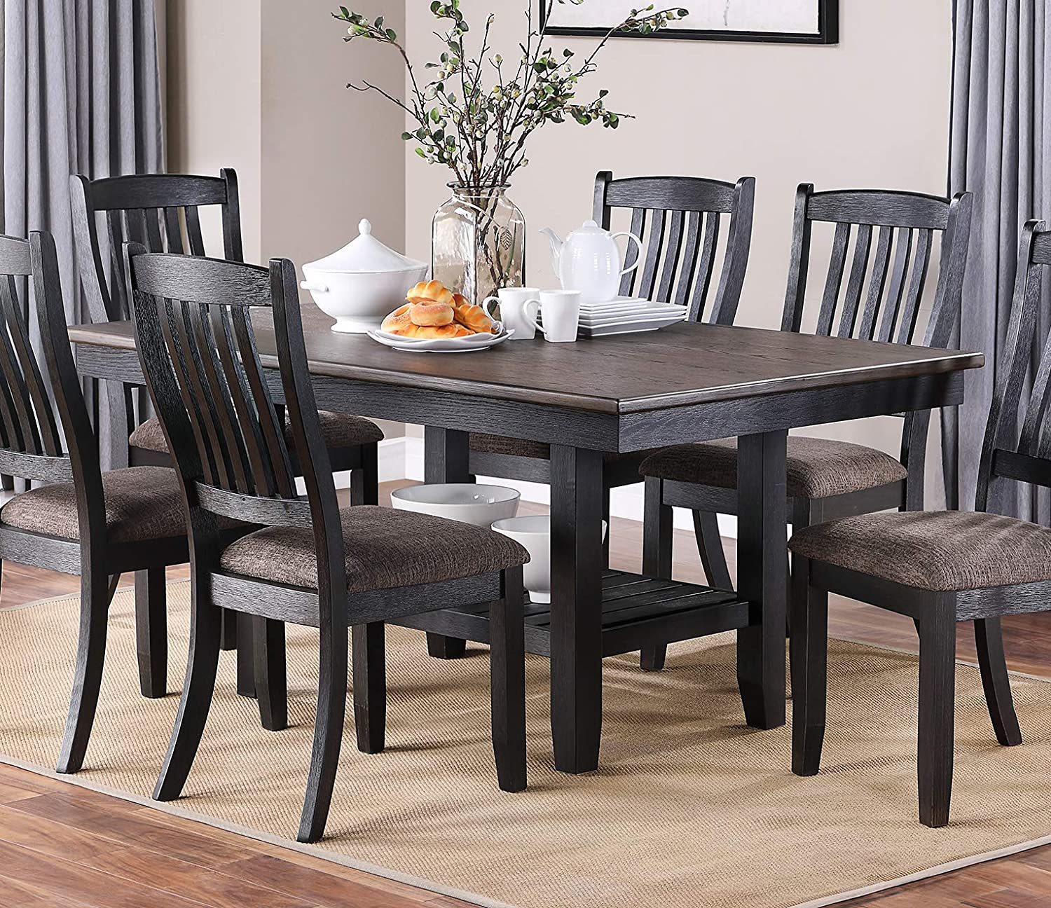 Transitional Dining Room 7pc Set Dark Coffee Rubberwood Dining Table w Shelf and 6x Side Chairs Fabric Upholstered seats Unique Back Chairs