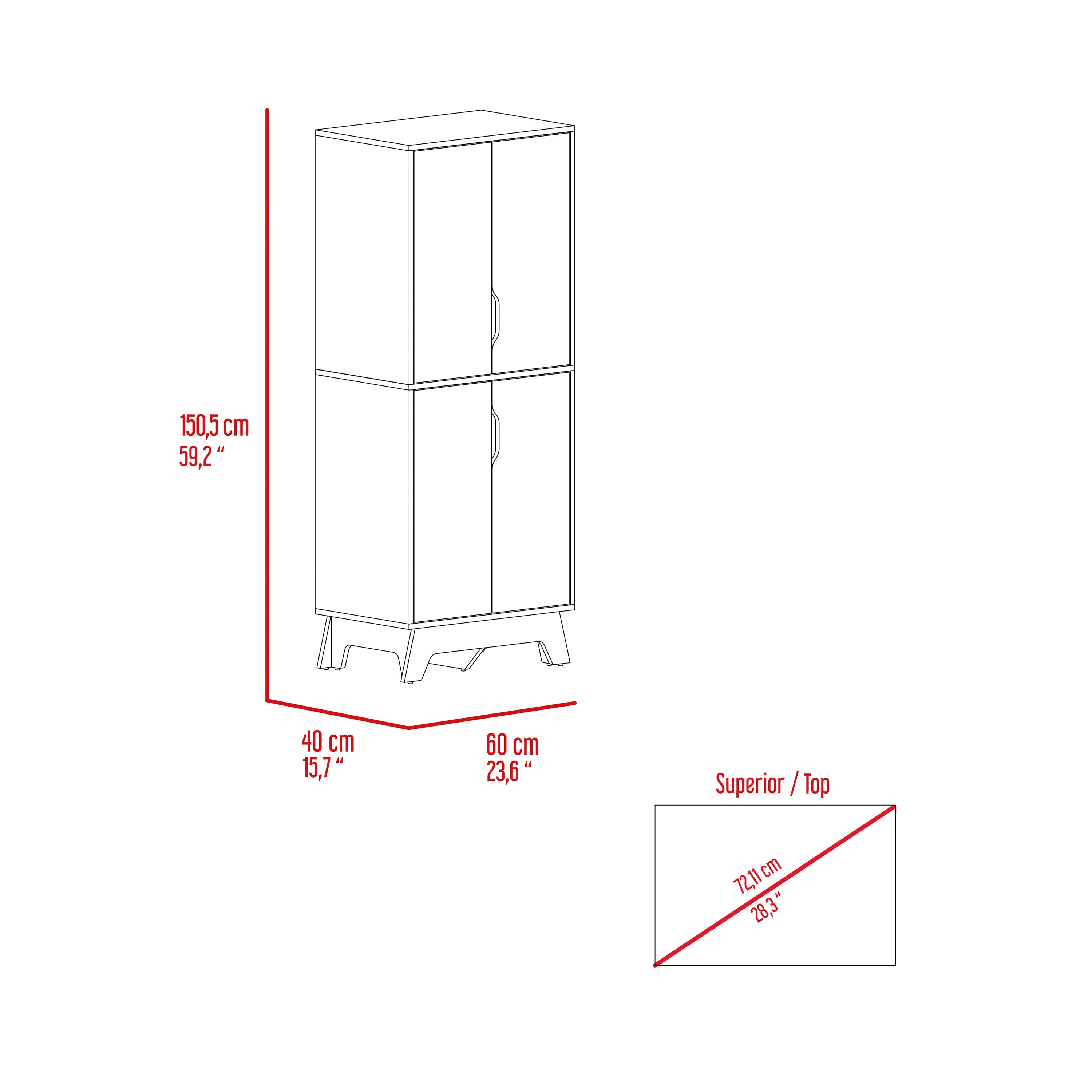 Double Kitchen Pantry Wallas, Double Door, Four Legs, Four Shelves, Light Oak / White Finish