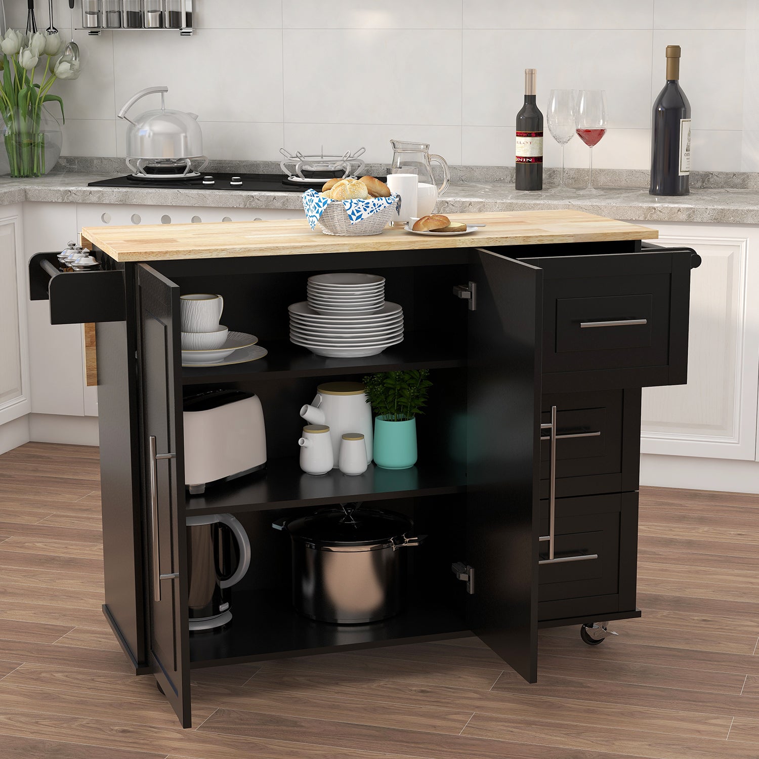 Kitchen Island with Spice Rack, Towel Rack and Extensible Solid Wood Table Top-Black