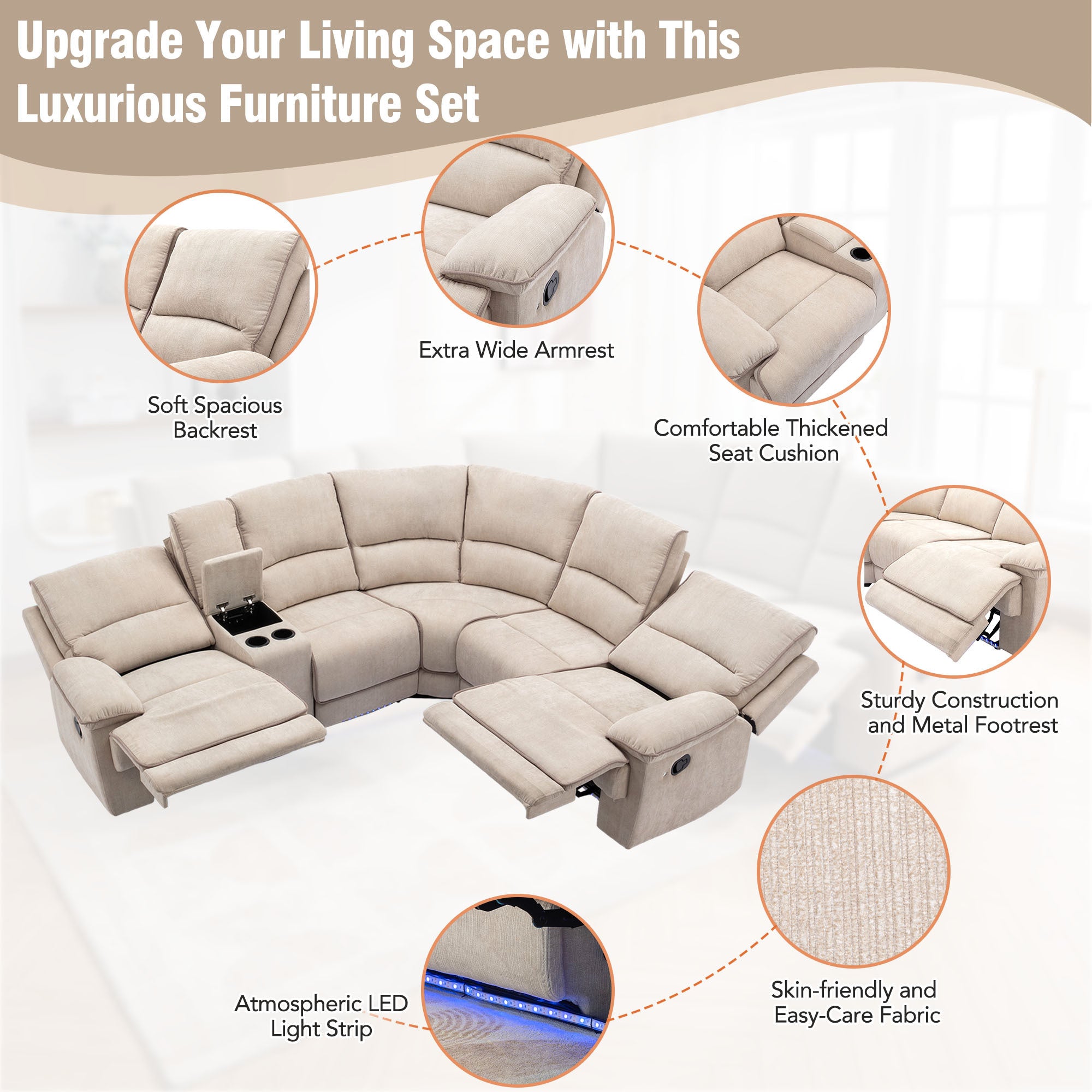 94.8" Modern Manual Reclining Living Room Furniture Set with USB Ports, Hidden Storage, LED Light Strip and 2 Cup Holders, Cream