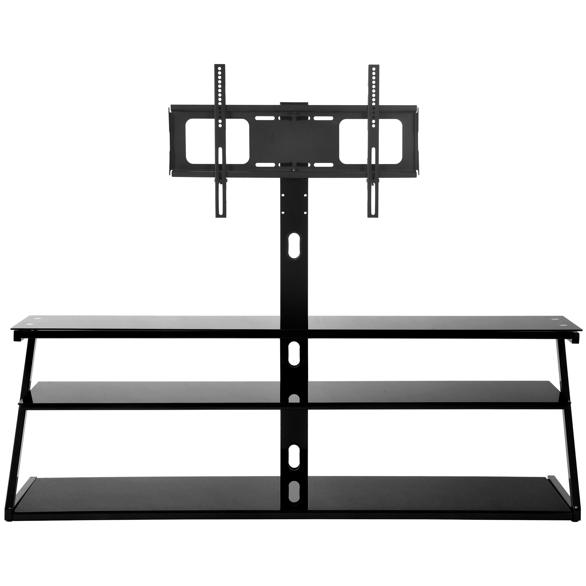 Universal Swivel Entertainment Center Black Tempered Glass Height Adjustable Universal Swivel Glass Floor Media Storage Stand With Mount Metal Tube With Heat transfer print TV Stand