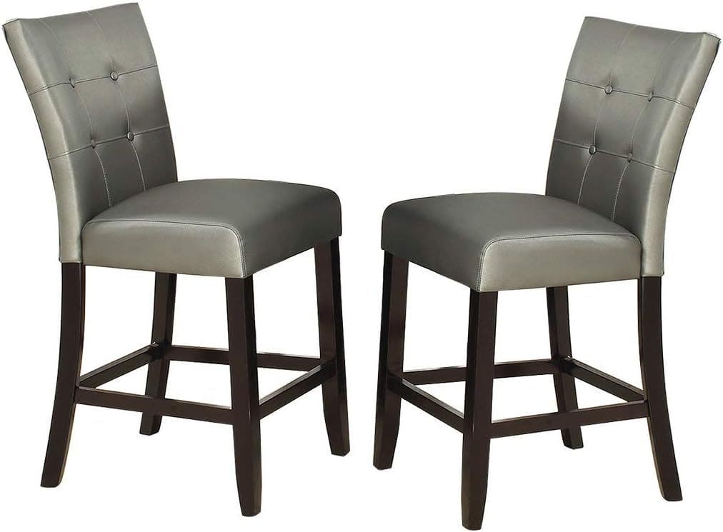 Modern Counter Height Chairs Silver Faux Leather Tufted Set of 2 High Chairs Dining Seating