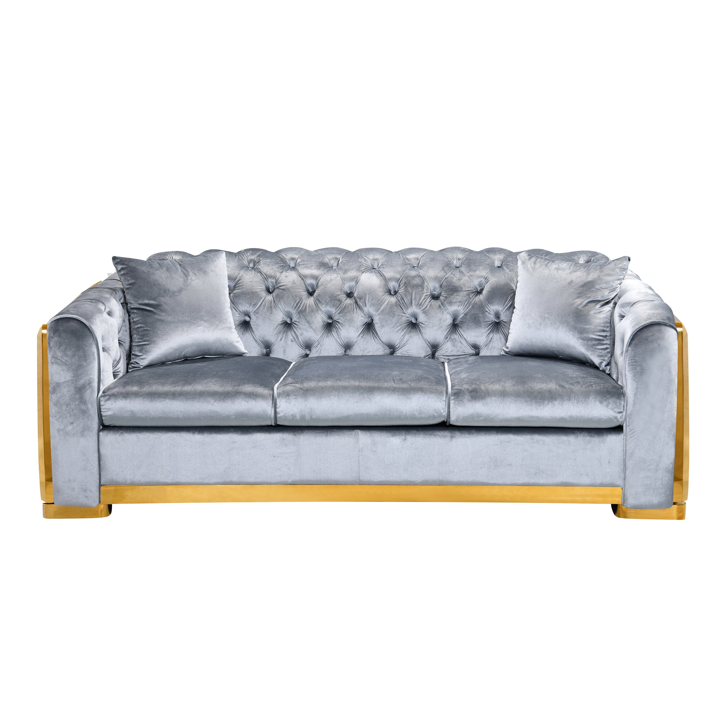 Velvet Luxury Chesterfield Sofa Set, 84 Inches Tufted 3 Seat Couch with Gold Stainless for Living Room, Grey Fabric