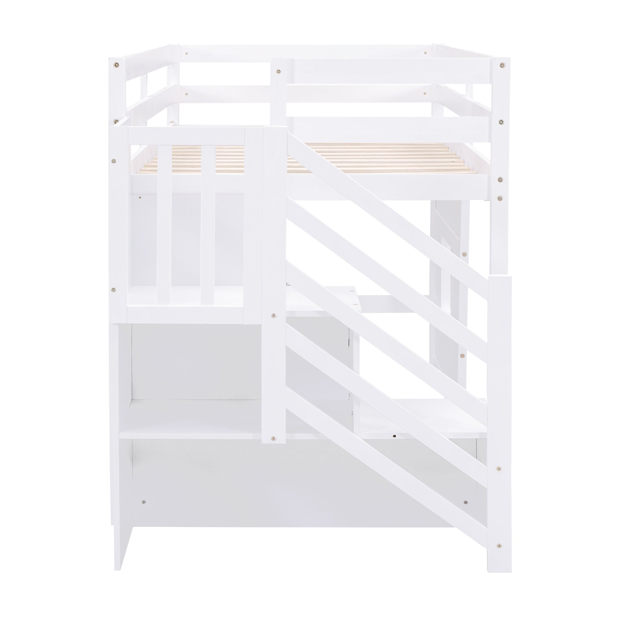 Twin Size Loft Bed with Storage Staircase and Window, White