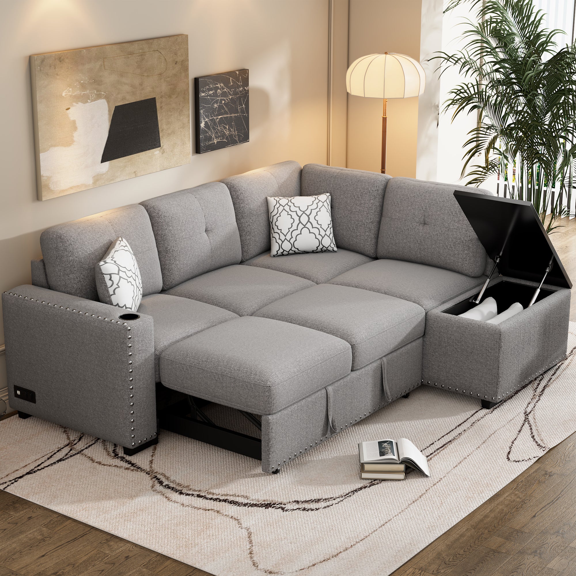 Sofa Bed L-Shaped Corner Sofa, Light Gray