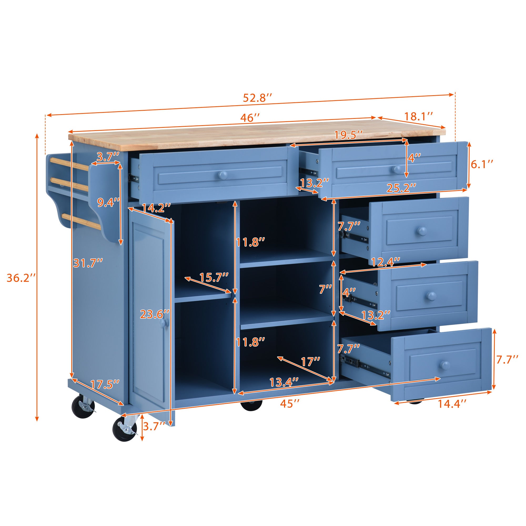 Kitchen cart with Rubber wood desktop rolling mobile kitchen island with storage and 5 draws 53 Inch length (Blue)