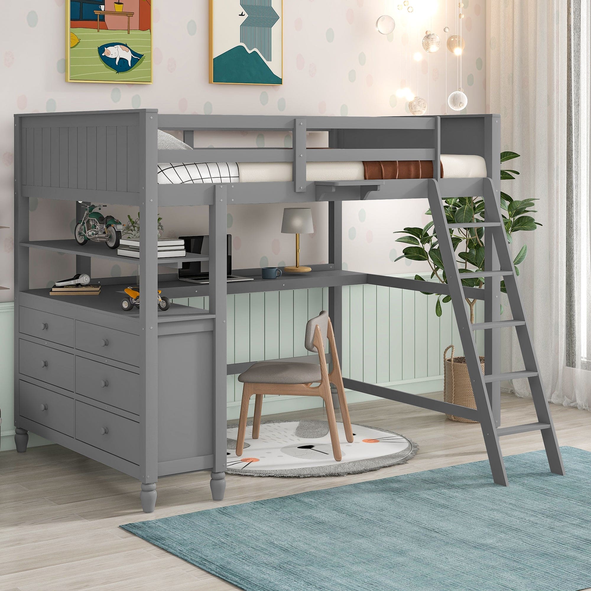 Full size Loft Bed with Drawers and Desk, Wooden Loft Bed with Shelves - Gray(OLD SKU:LT001529AAE)