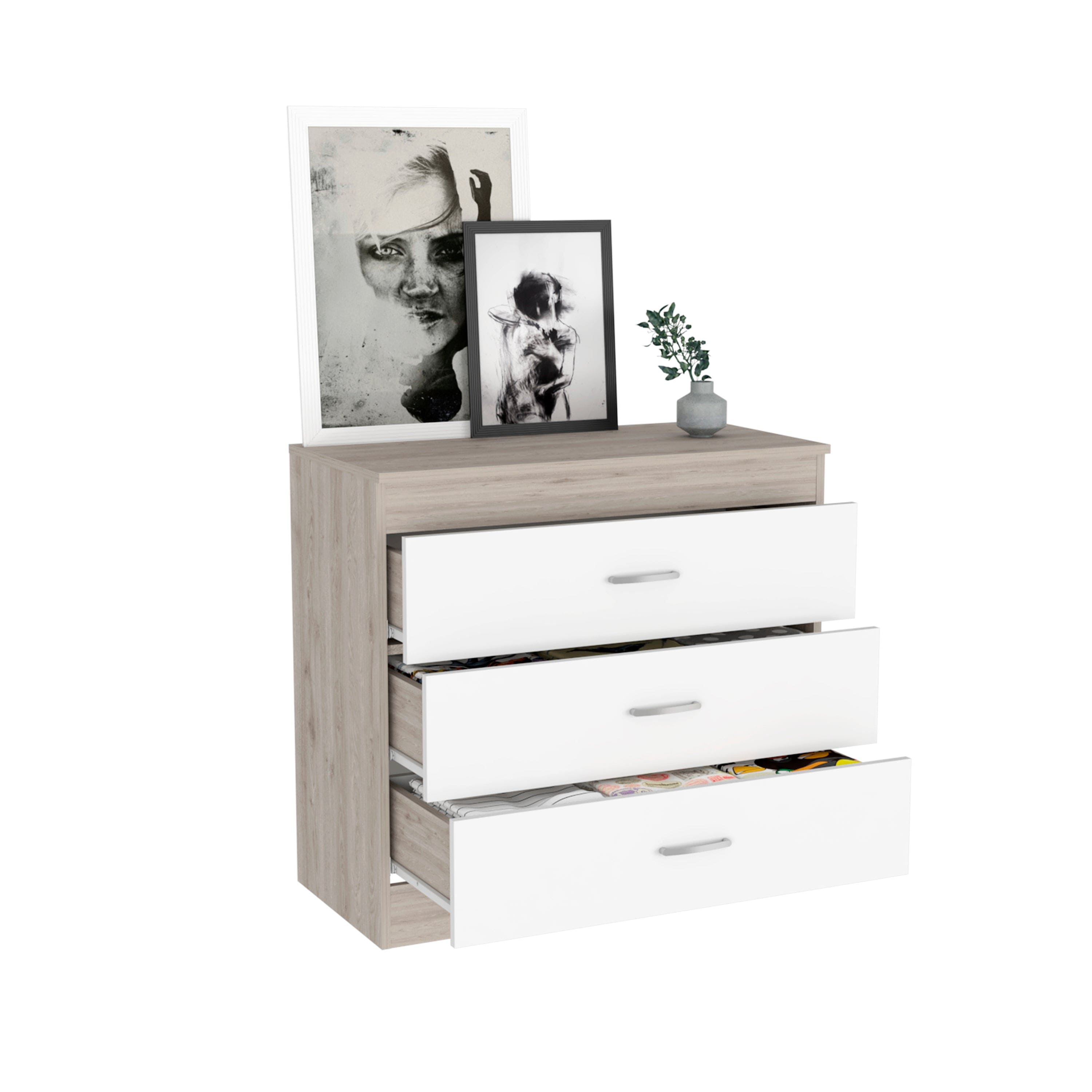 Three Drawer Dresser Lial, Superior Top, Metal Hardware, Light Gray / White Finish