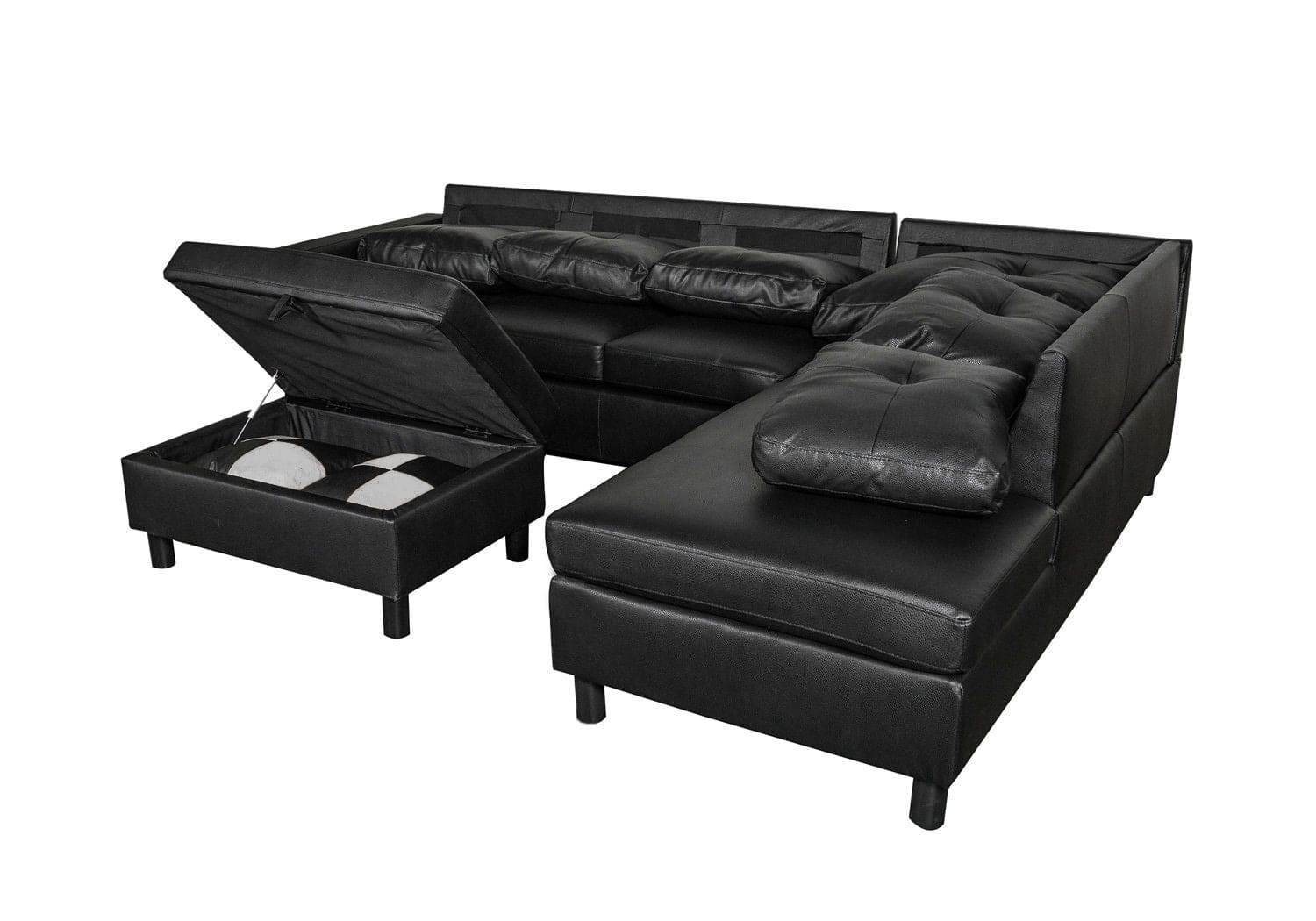 3 PC Sectional Sofa Set, (Black) Faux Leather left-Facing Sofa with Free Storage Ottoman