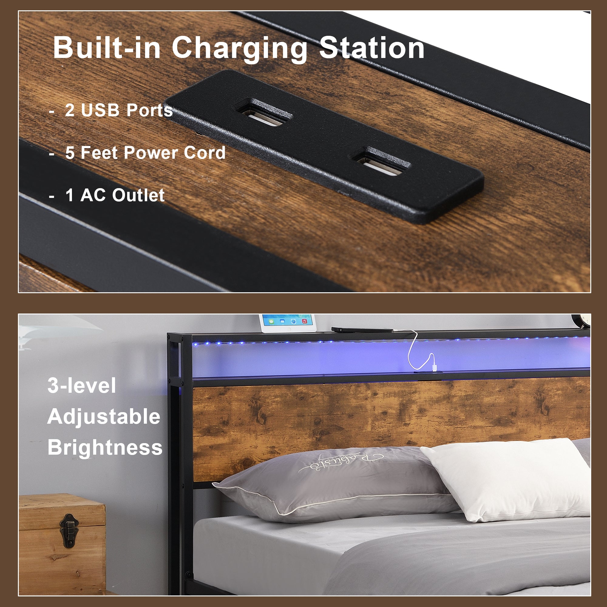 Industrial Full Bed Frame with LED Lights and 2 USB Ports, Bed Frame Full Size with Storage, Noise Free, No Box Spring Needed, Rustic Brown