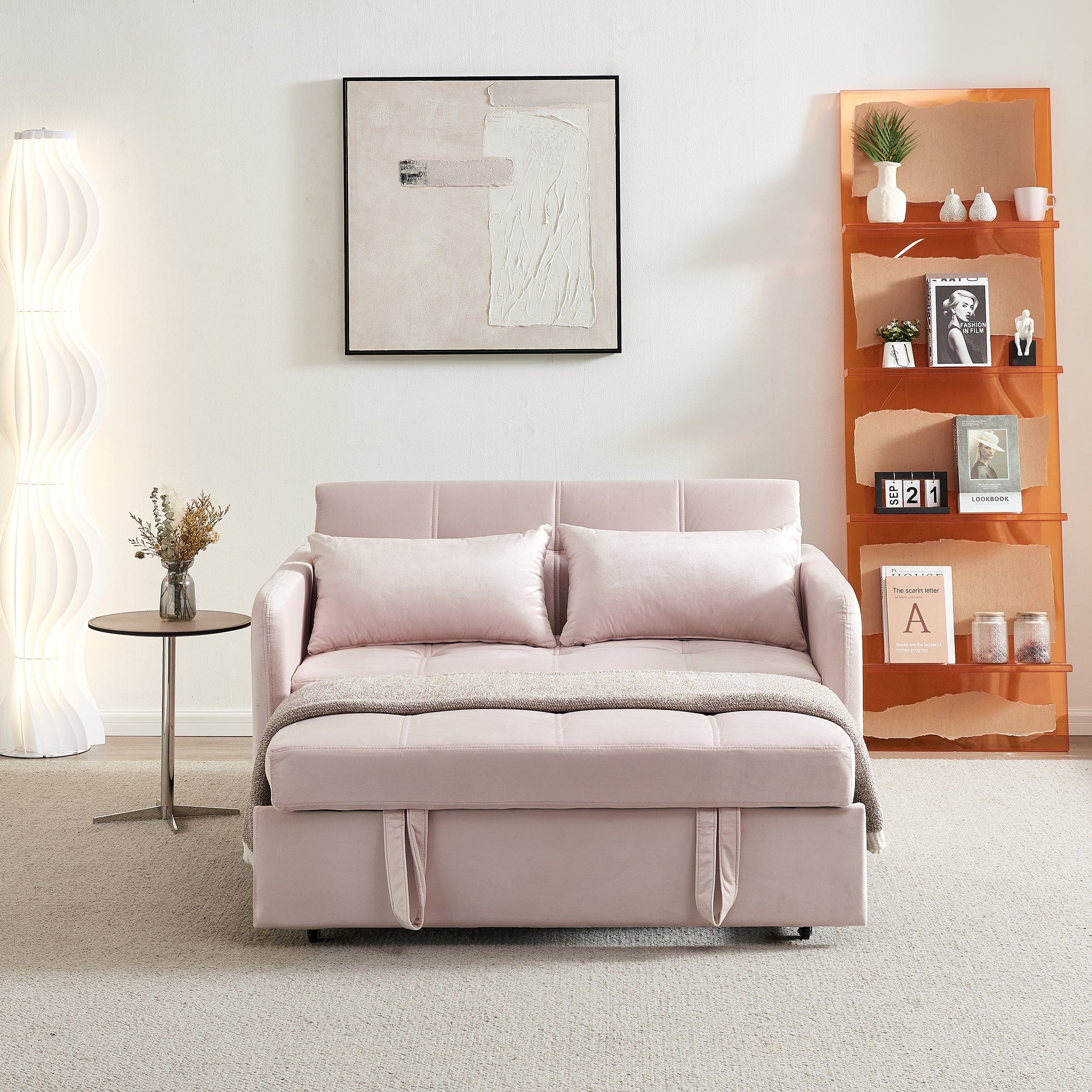 55.5" Twins Pull Out Sofa Bed  Pink Velvet