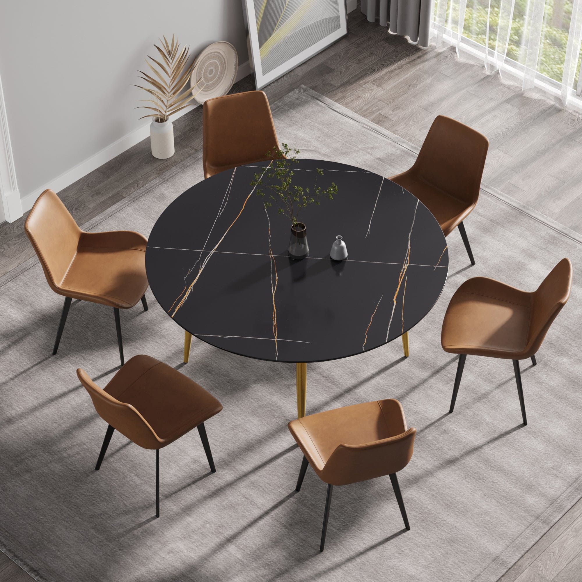 59.05"Modern man-made stone round golden metal dining table-position for 6 people