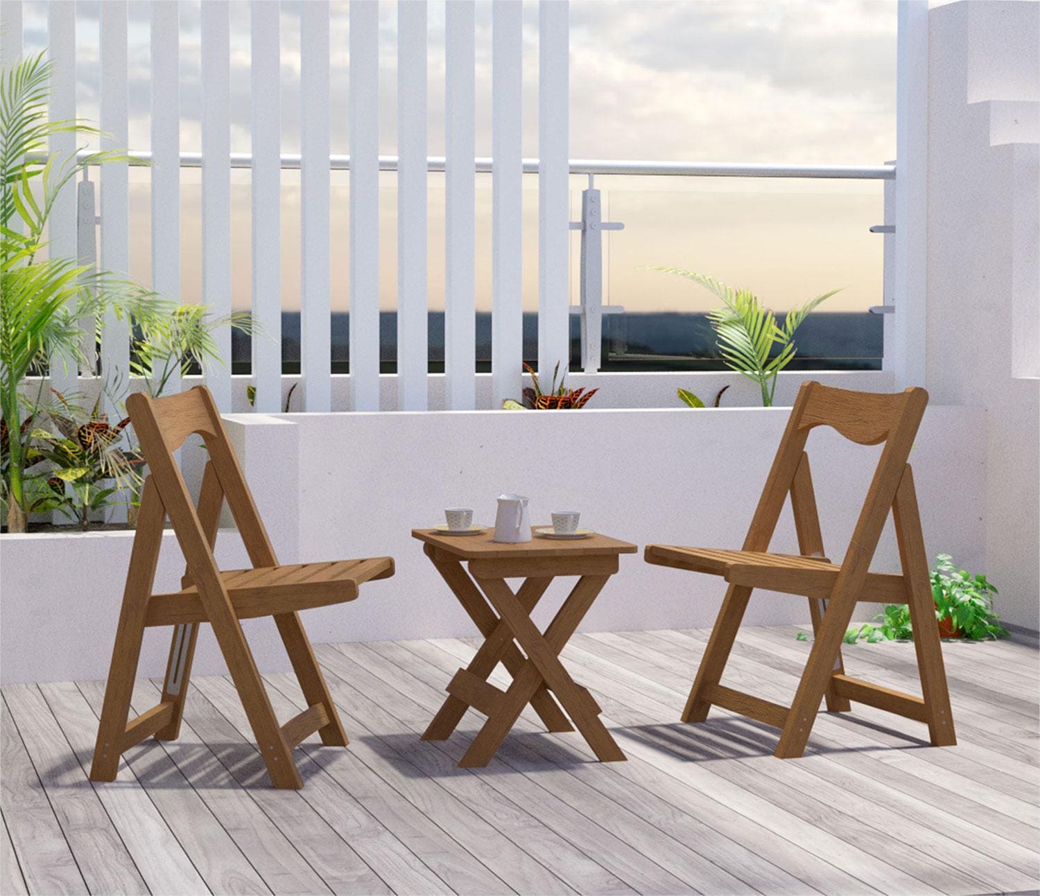 HIPS Material Outdoor Bistro Set Foldable Small Table and Chair Set with 2 Chairs and Rectangular Table, Teak