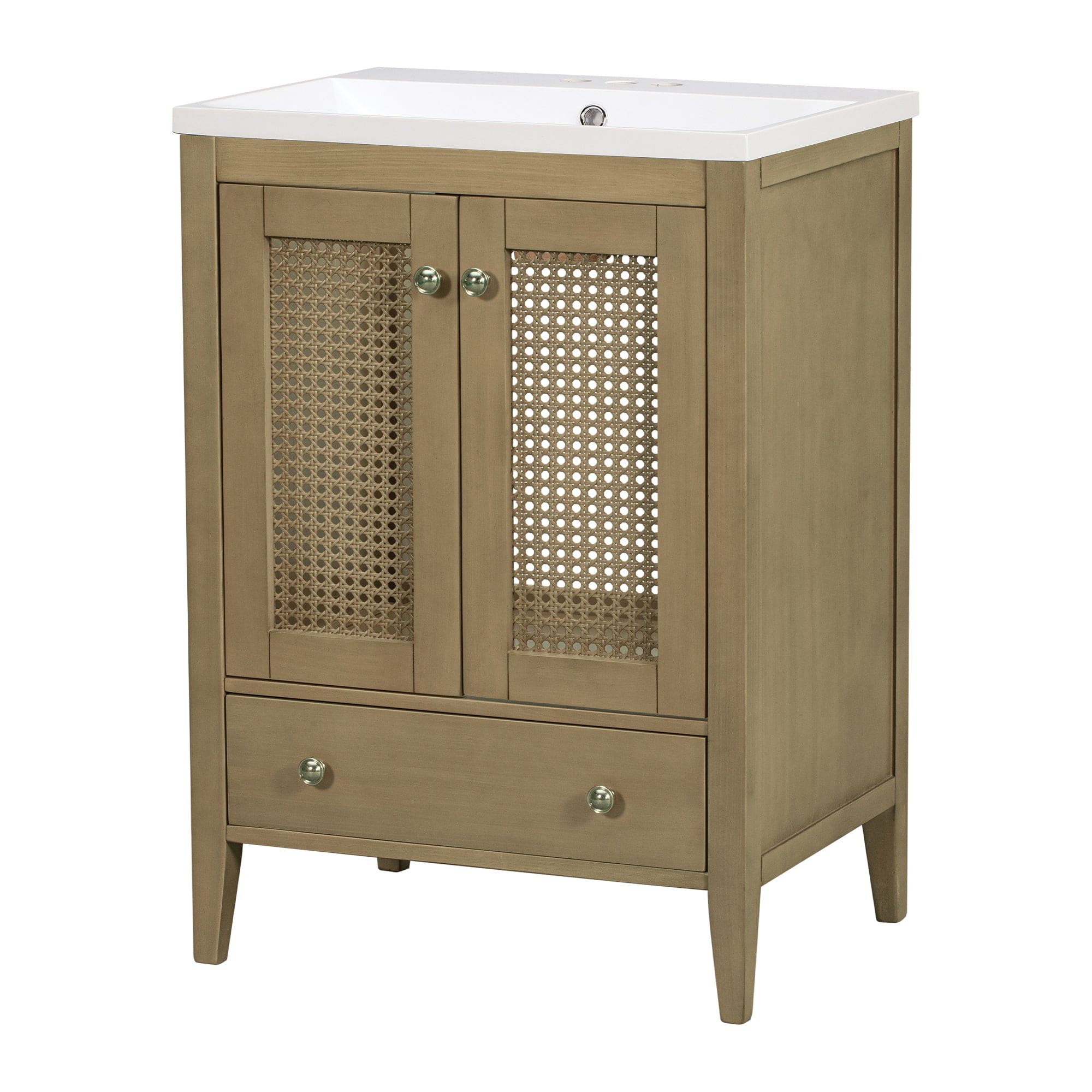 24" Bathroom Vanity with Ceramic Basin, Rattan Bathroom Storage Cabinet with Two Doors and Drawer, Solid Frame, Natural (OLD SKU: JL000008AAD)