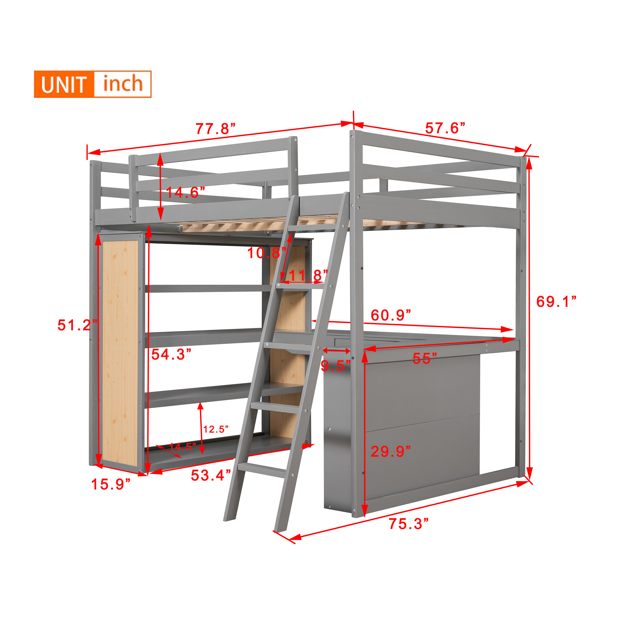 Full Size Loft Bed with Ladder, Shelves, and Desk, Gray(OLD SKU:LT100226AAE)