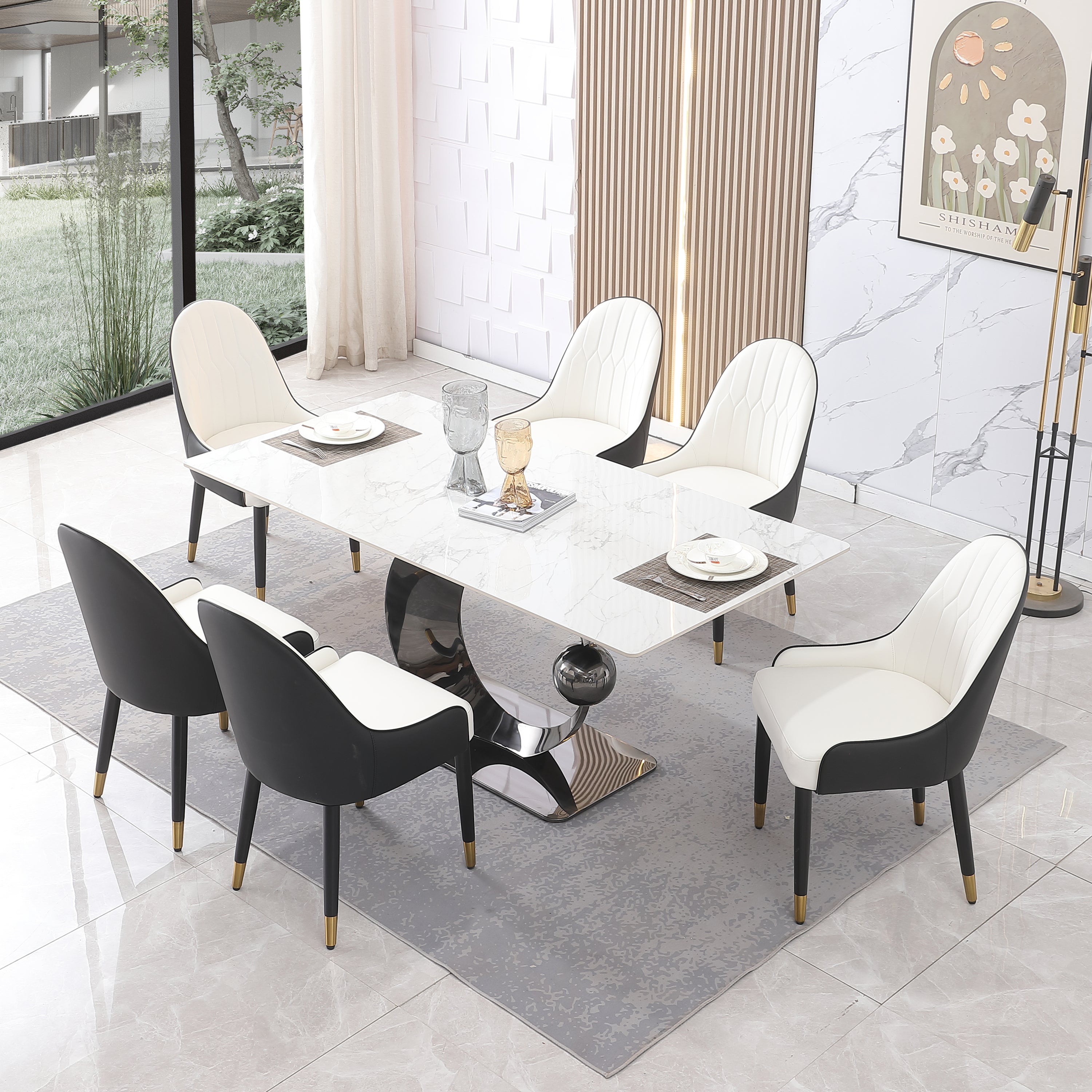 71-Inch Stone DiningTable with Carrara White color and Striped Pedestal Base