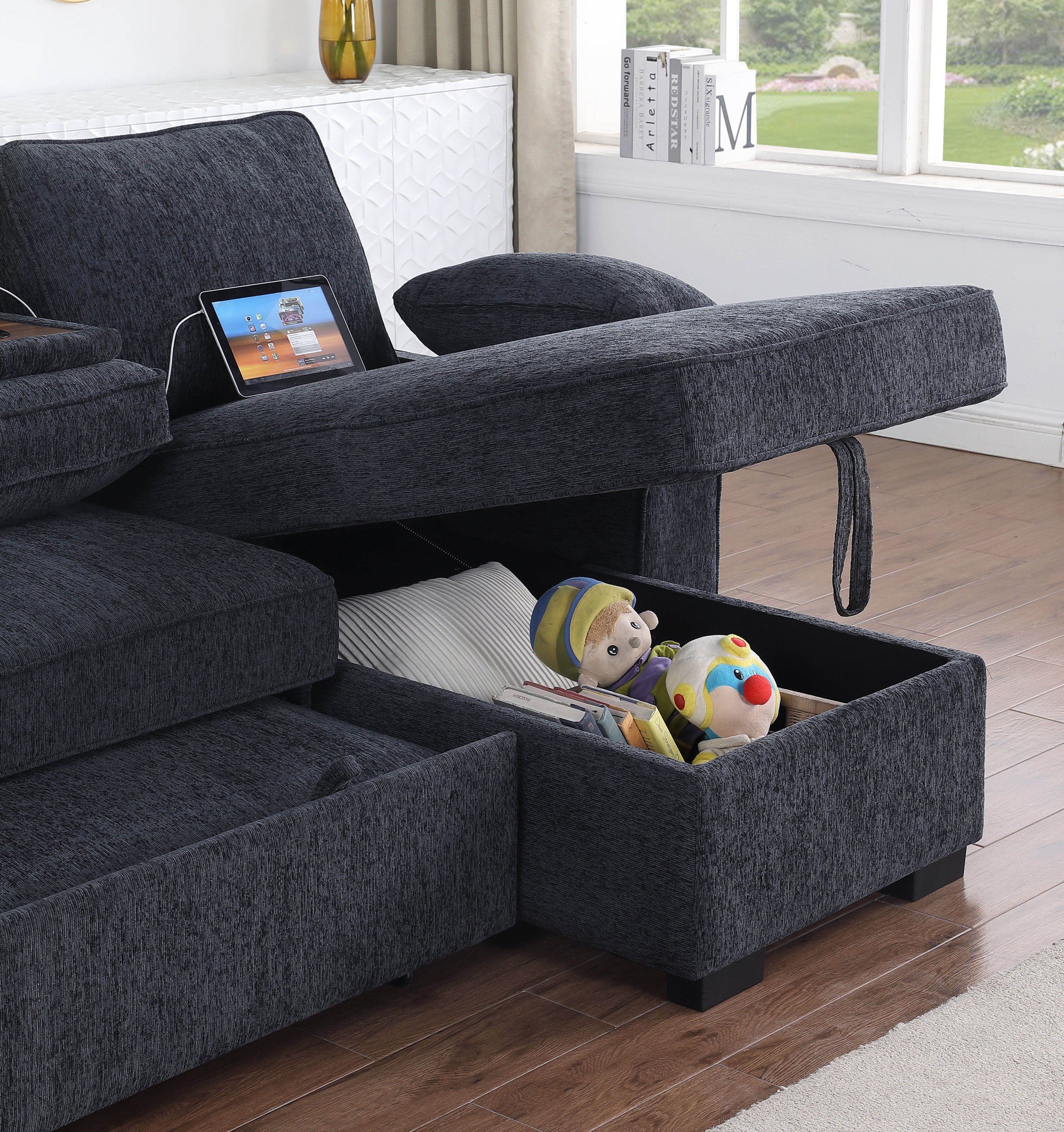 Mackenzie Dark Gray Chenille Fabric Reversible Sleeper Sectional with Storage Chaise, Drop-Down Table, Cup Holders and Charging Ports