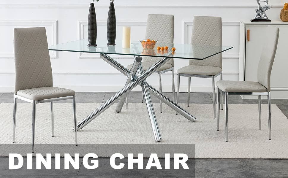 4-piece set of checkered armless high back dining chairs, office chairs. Suitable for restaurants, living rooms, kitchens, and offices. Light gray chairs and electroplated metal legs  0924