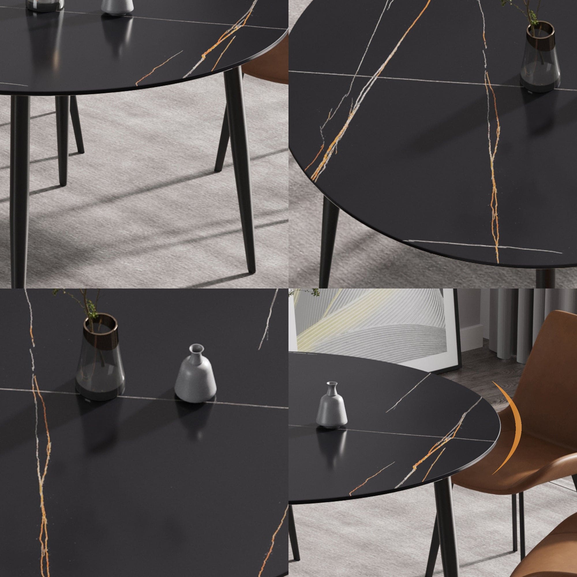 53.15 " modern artificial stone black round dining table with black metal legs-can accommodate 6 people.