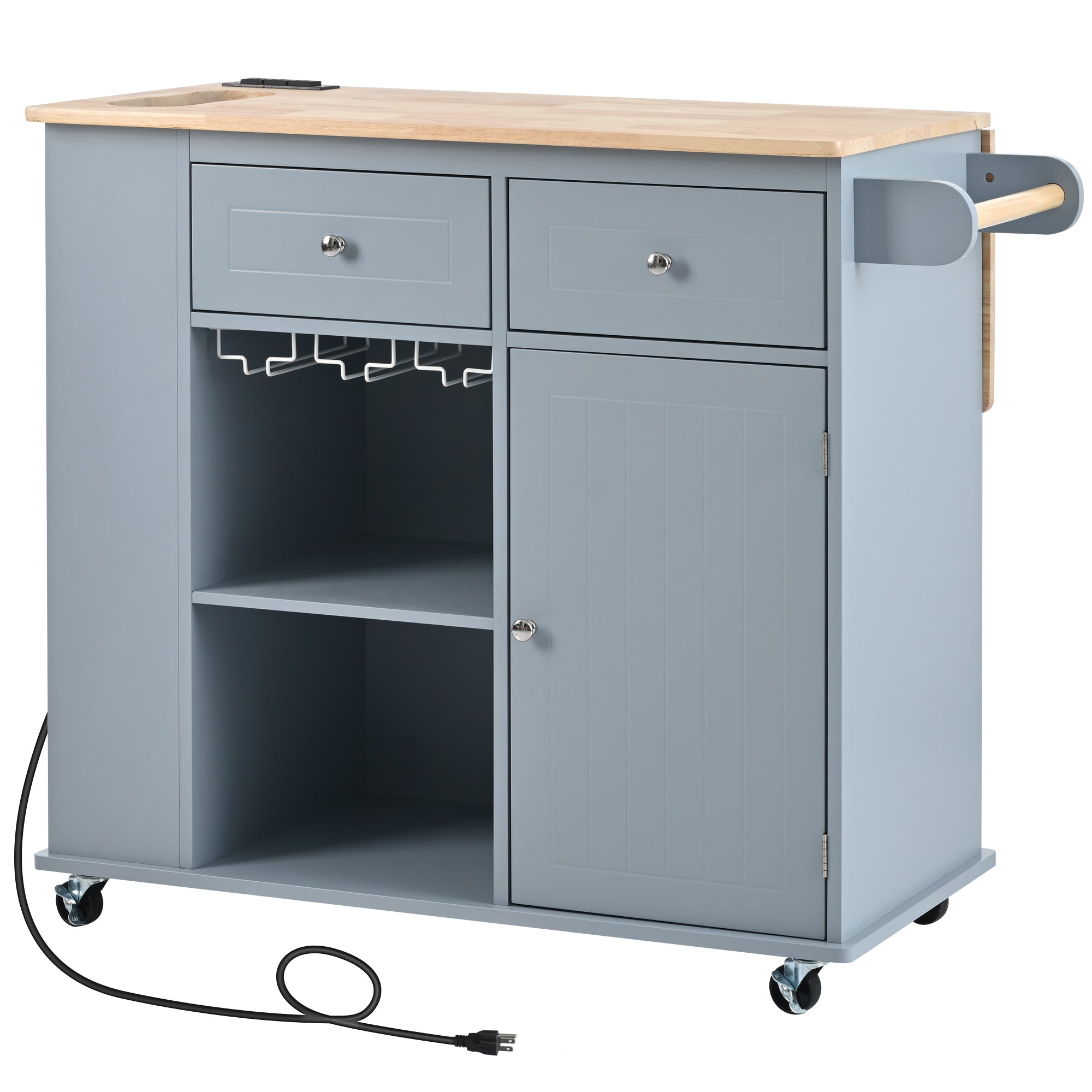 Kitchen Island with Power Outlet,Kitchen Storage Island with Drop Leaf and Rubber Wood,Open Storage and Wine Rack,5 Wheels,with Adjustable Storage for Home, Kitchen, and Dining Room, Grey Blue