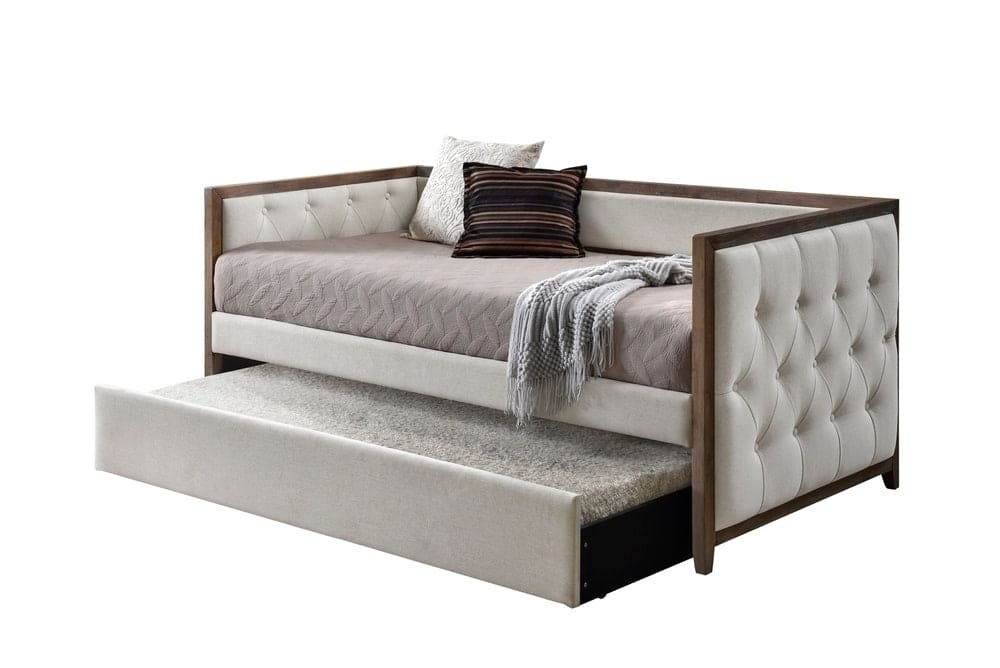 Ultra Stylish Daybed with Trundle 1pc Solid Wood Frame Beige Fabric Upholstered Button-Tufted Modern Home Furniture