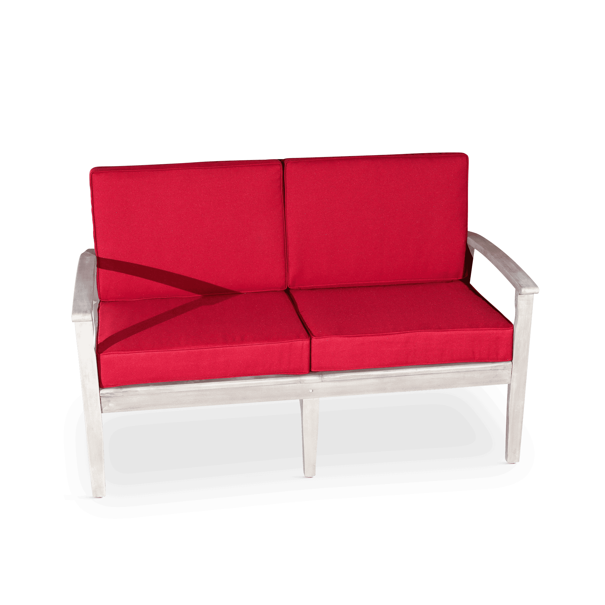 Eucalyptus Loveseat with Cushions, Silver Gray Finish, Burgundy Cushions