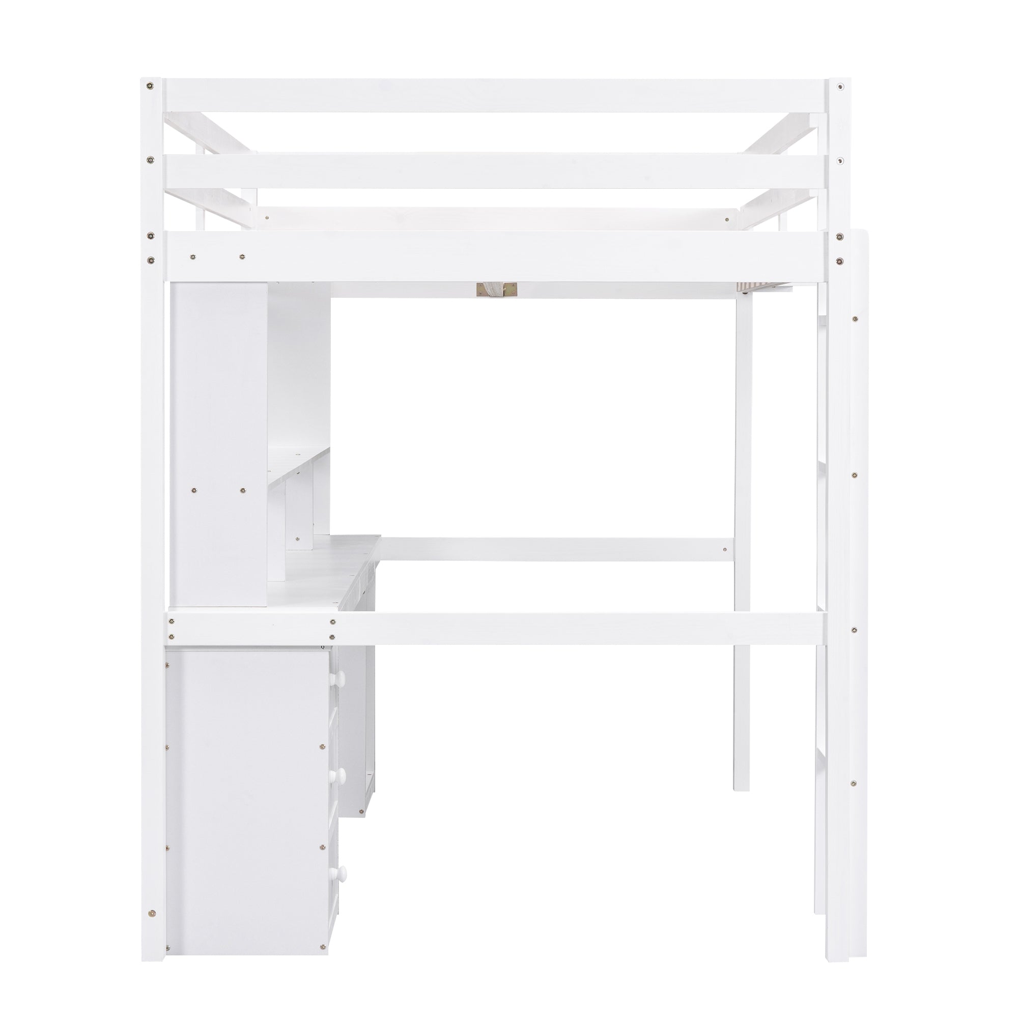 Full Size Loft Bed with Multi-storage Desk, LED light and Bedside Tray, Charging Station, White