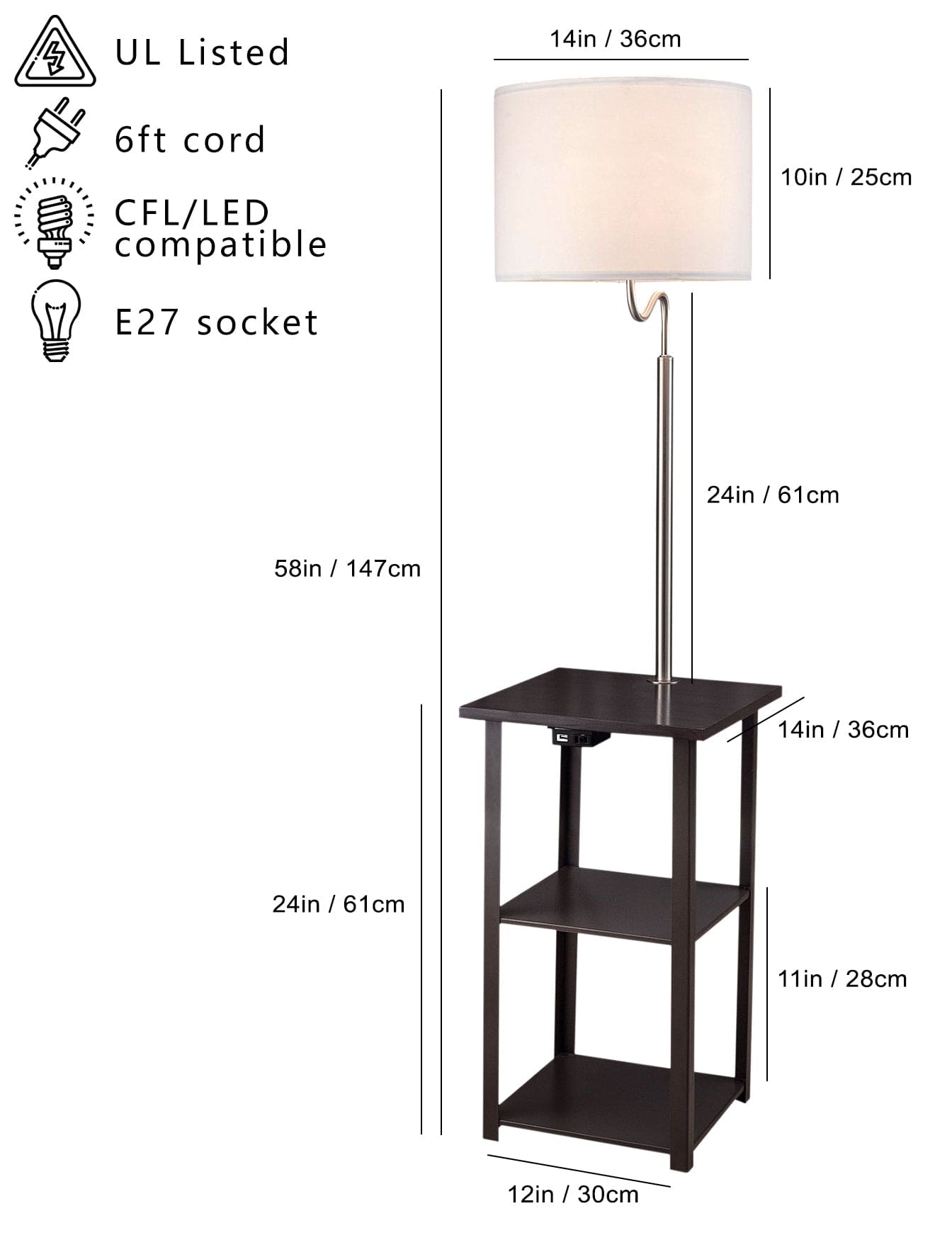 58" Squared Sofa Side Shelves Table Lamp w/ Power Station (1.14/14.96)