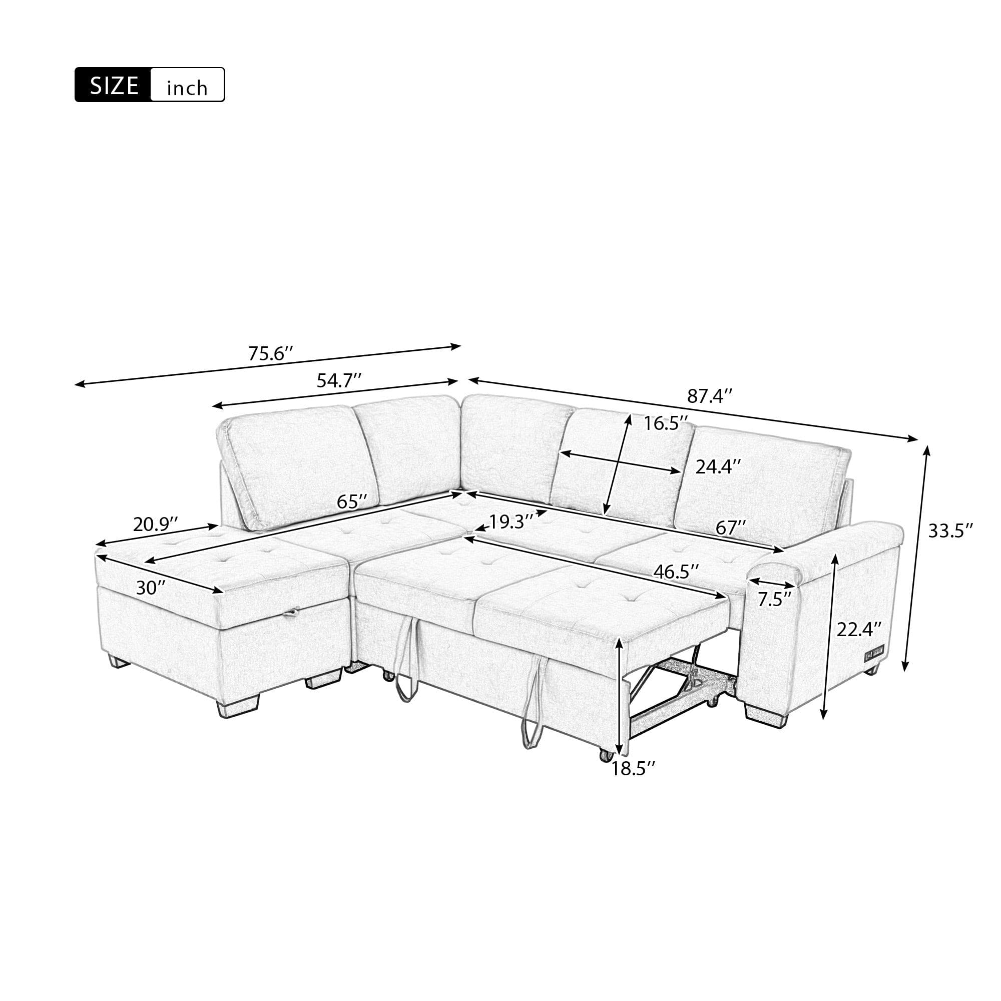 Sleeper Sectional Sofa, L-Shape Corner Couch Sofa-Bed with Storage Ottoman & Hidden Arm Storage & USB Charge  for Living Room Apartment, Gray