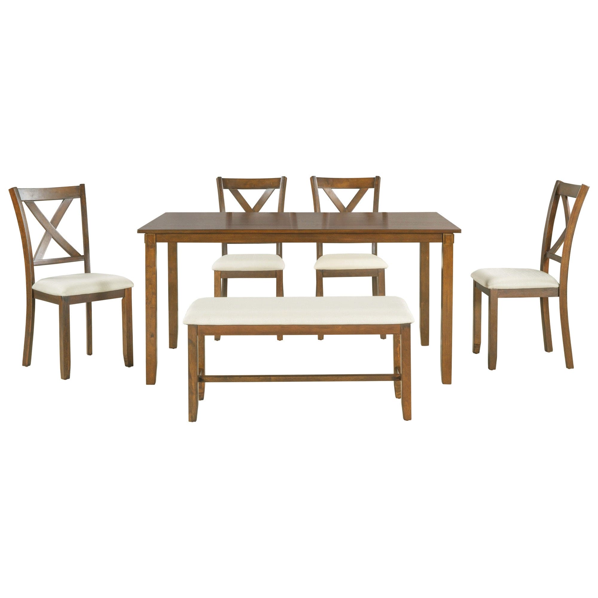 TREXM 6-Piece Kitchen Dining Table Set Wooden Rectangular Dining Table, 4 Fabric Chairs and Bench Family Furniture (Natural Cherry)