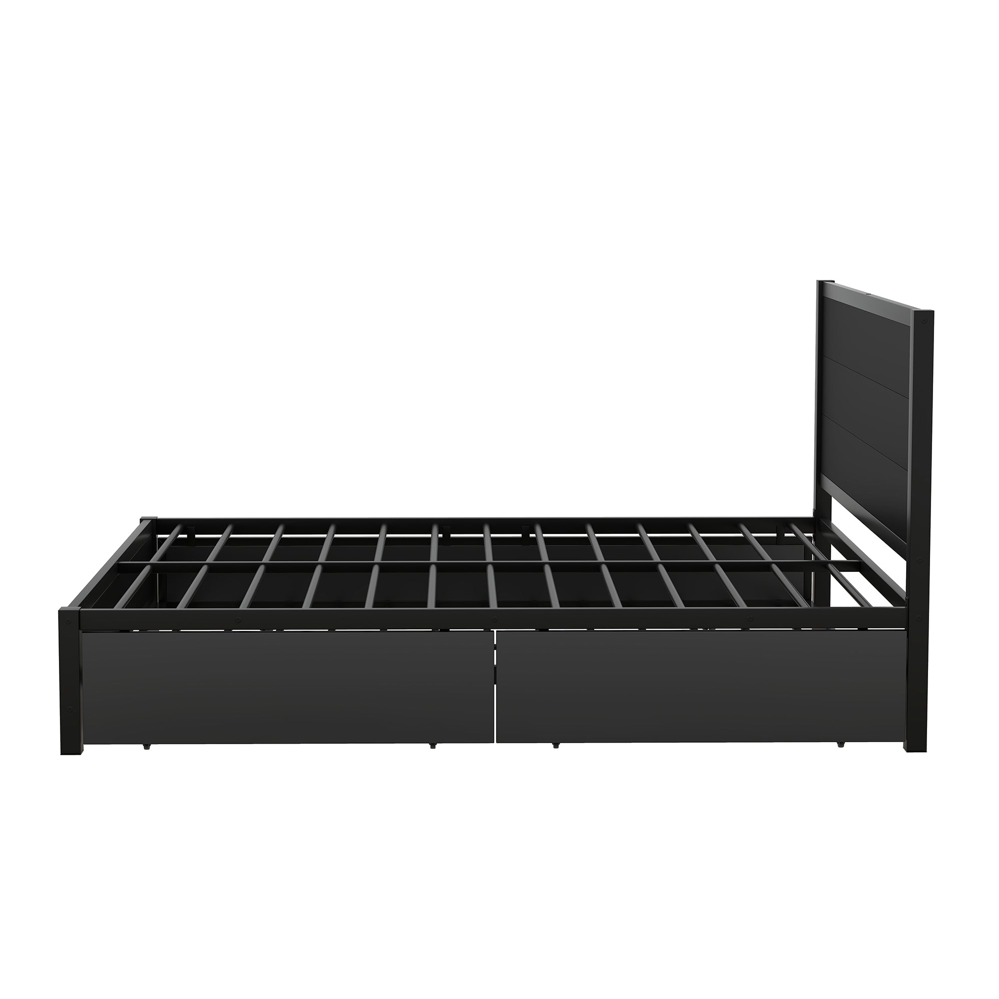 Metal Queen Size Storage Platform Bed with Twin Size Trundle and 2 Drawers, Black