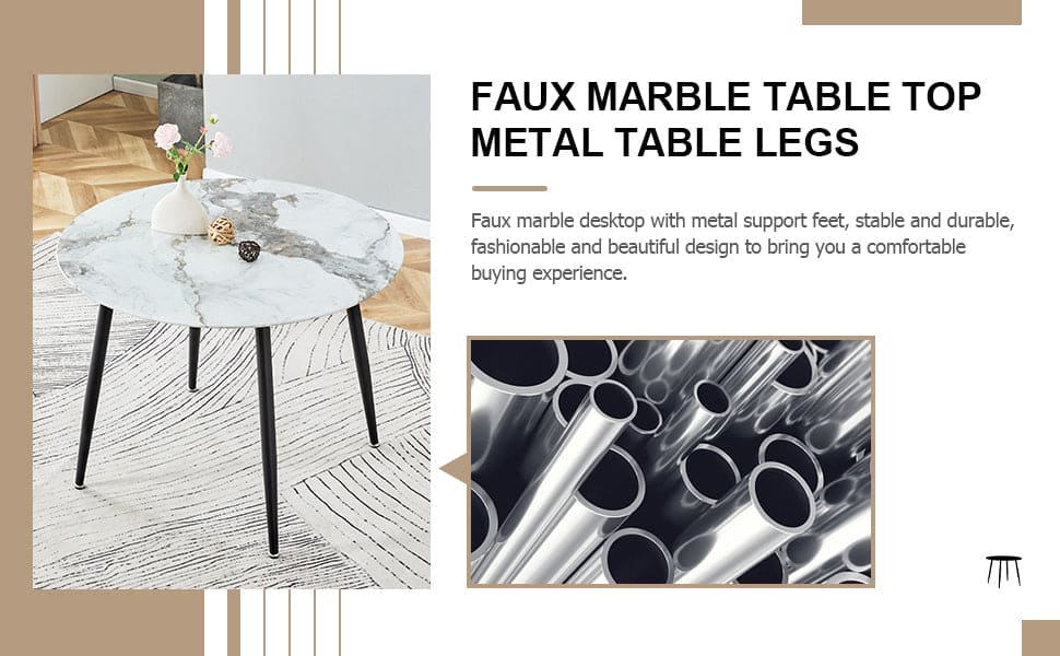 A modern minimalist circular dining table with a diameter of 40 inches, a 0.3 inch thick white imitation marble pattern tabletop and black metal legs  40 '* 40' * 30 'DT-1164