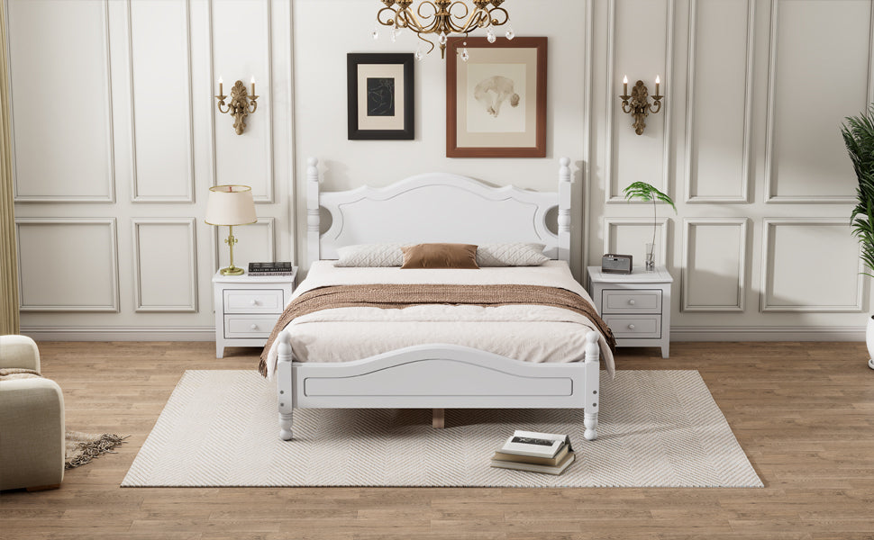 Full Size Wood Platform Bed Frame,Retro Style Platform Bed with Wooden Slat Support,White