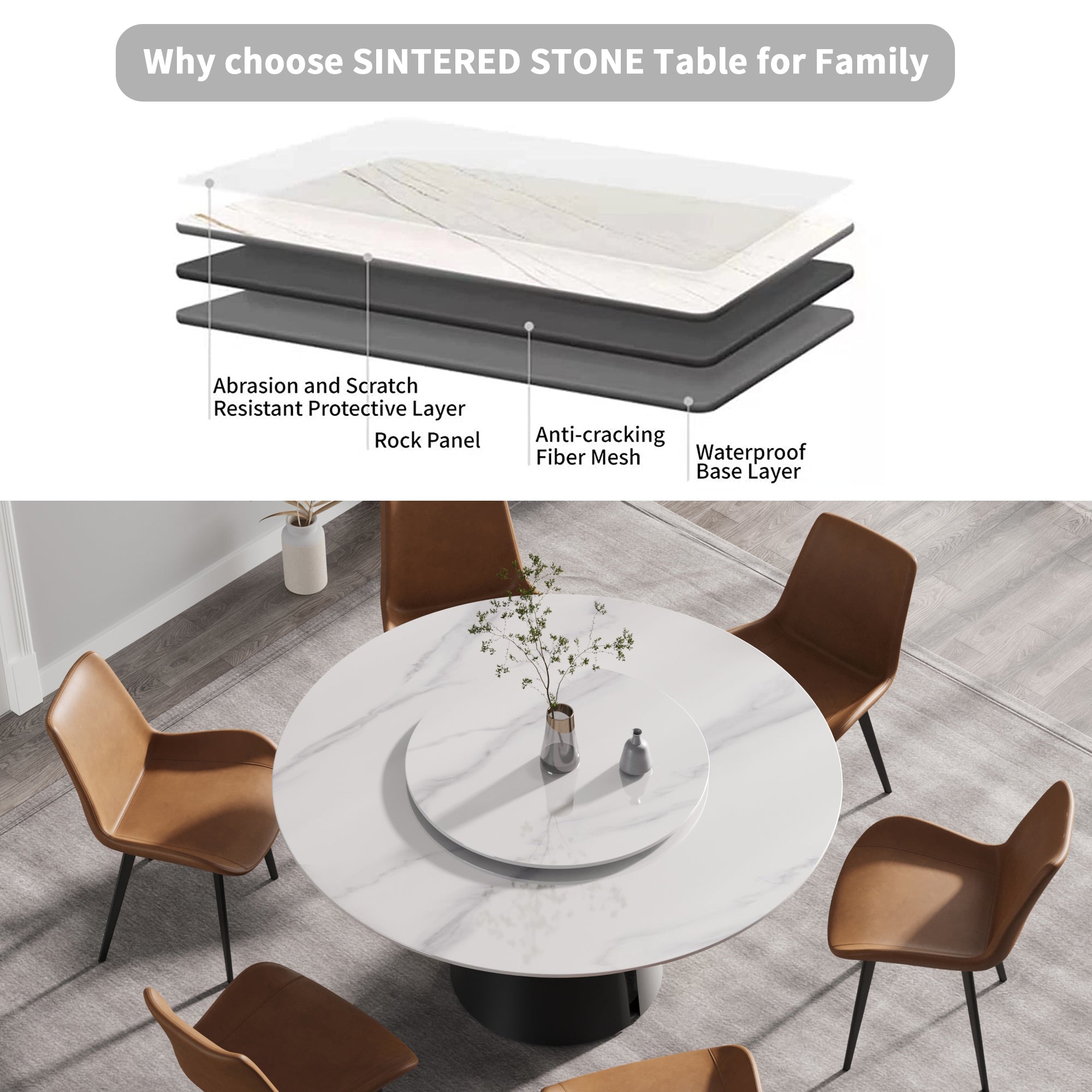 59.05"Modern artificial stone round black carbon steel base dining table-can accommodate 6 people-31.5"white artificial stone turntable