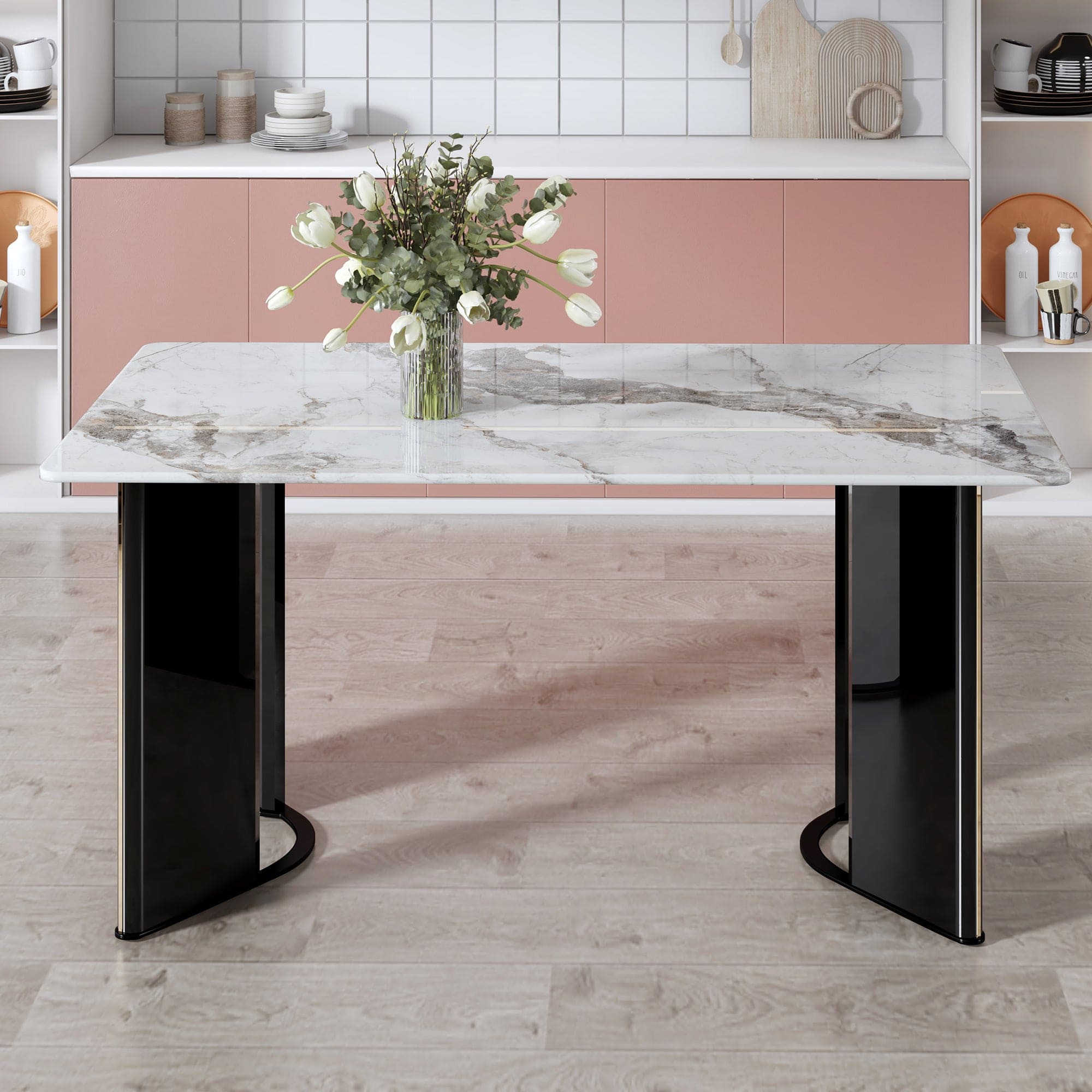 Table and chair set. A white imitation marble desktop with MDF legs and gold metal decorative strips. Paired with 4 dining chairs with white backrest and black metal legs.F-HH C-1162