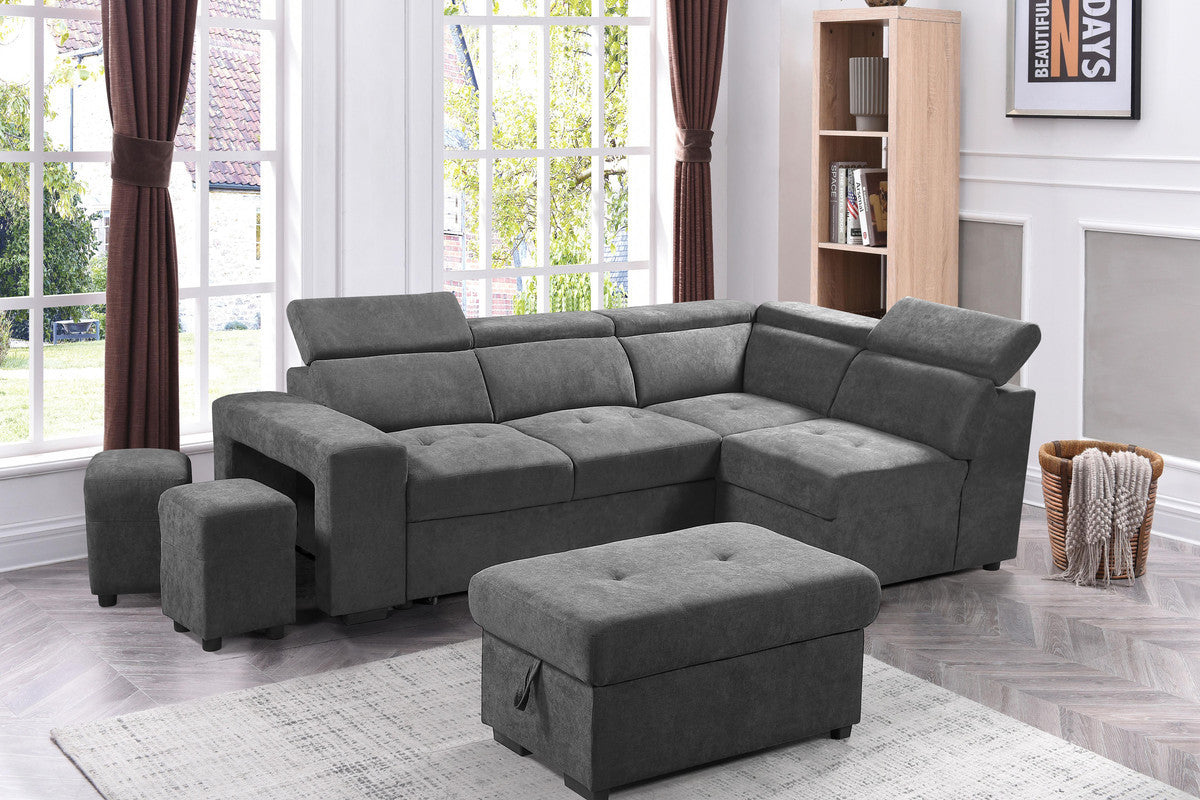 Henrik Light Gray Sleeper Sectional Sofa with Storage Ottoman and 2 Stools