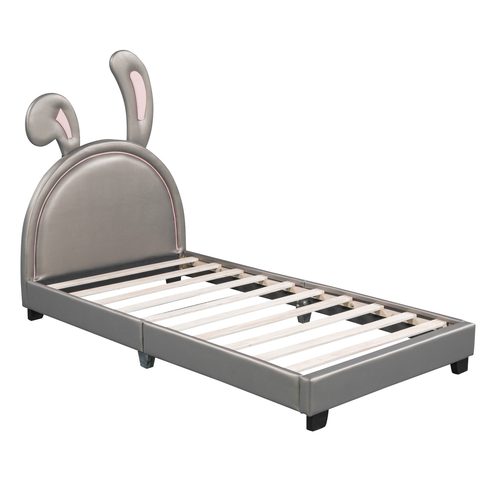 Twin Size Upholstered Leather Platform Bed with Rabbit Ornament, Gray